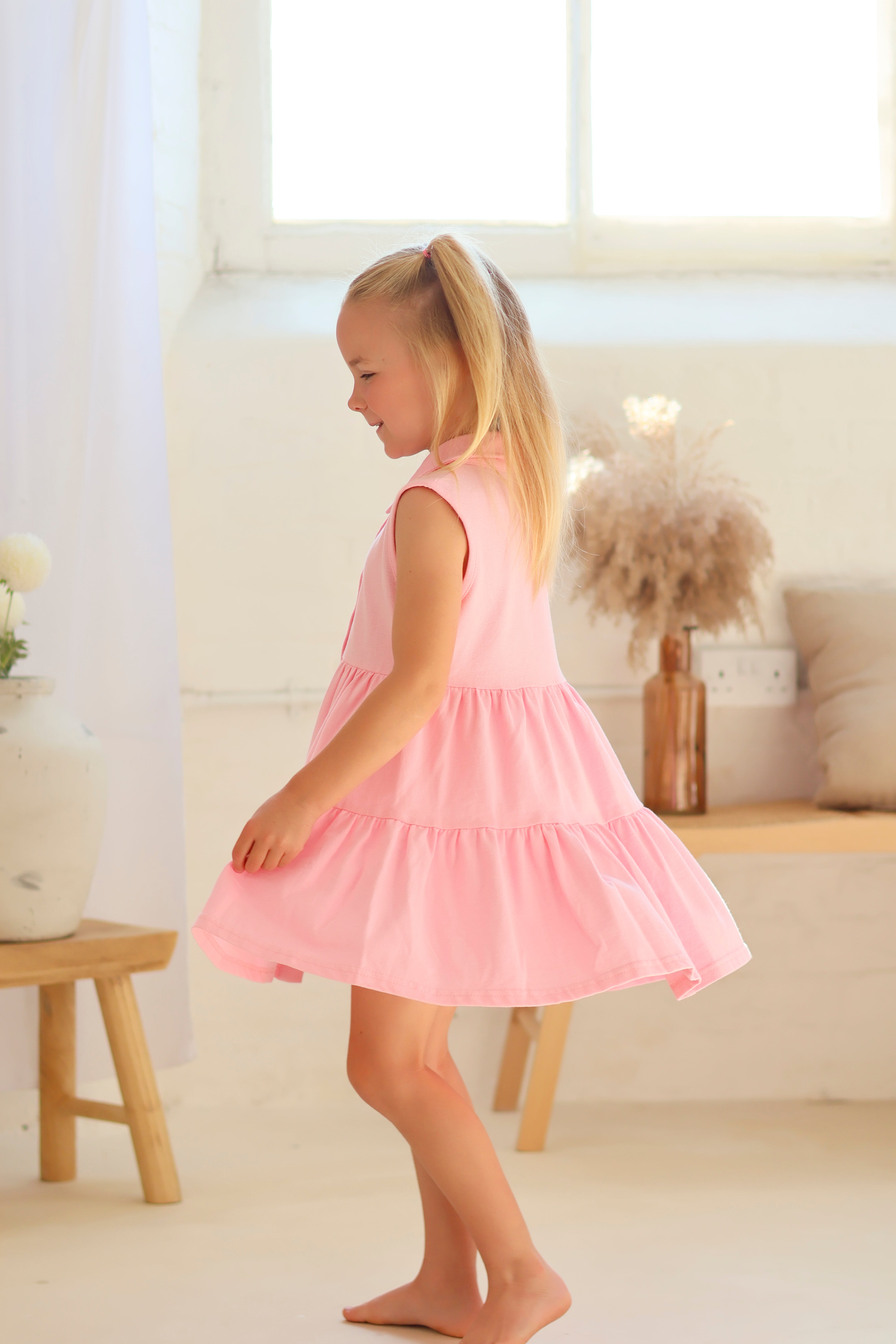 Maya Girls Pearl Button Polo Dress Pink