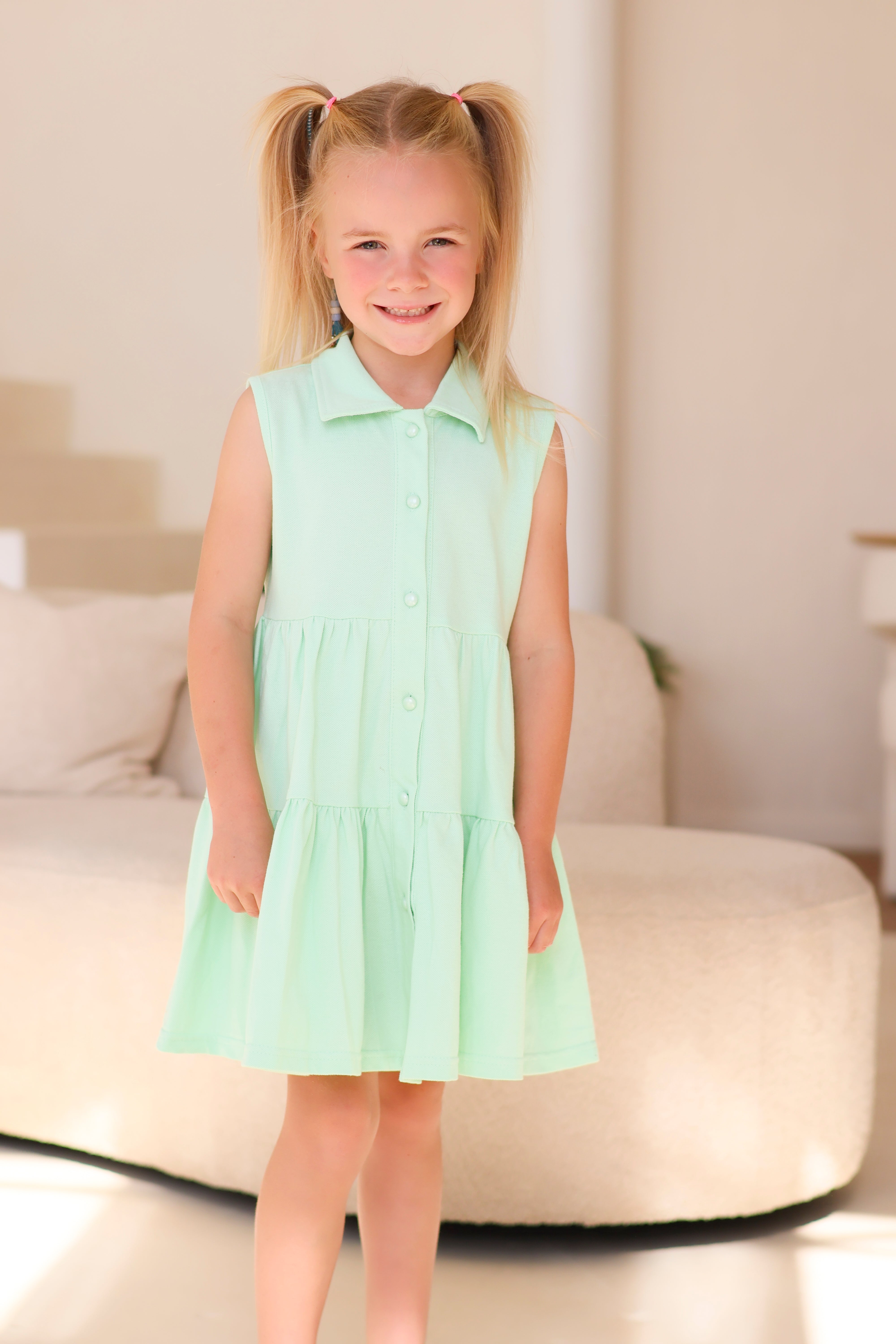 Maya Girls Pearl Button Polo Dress Mint