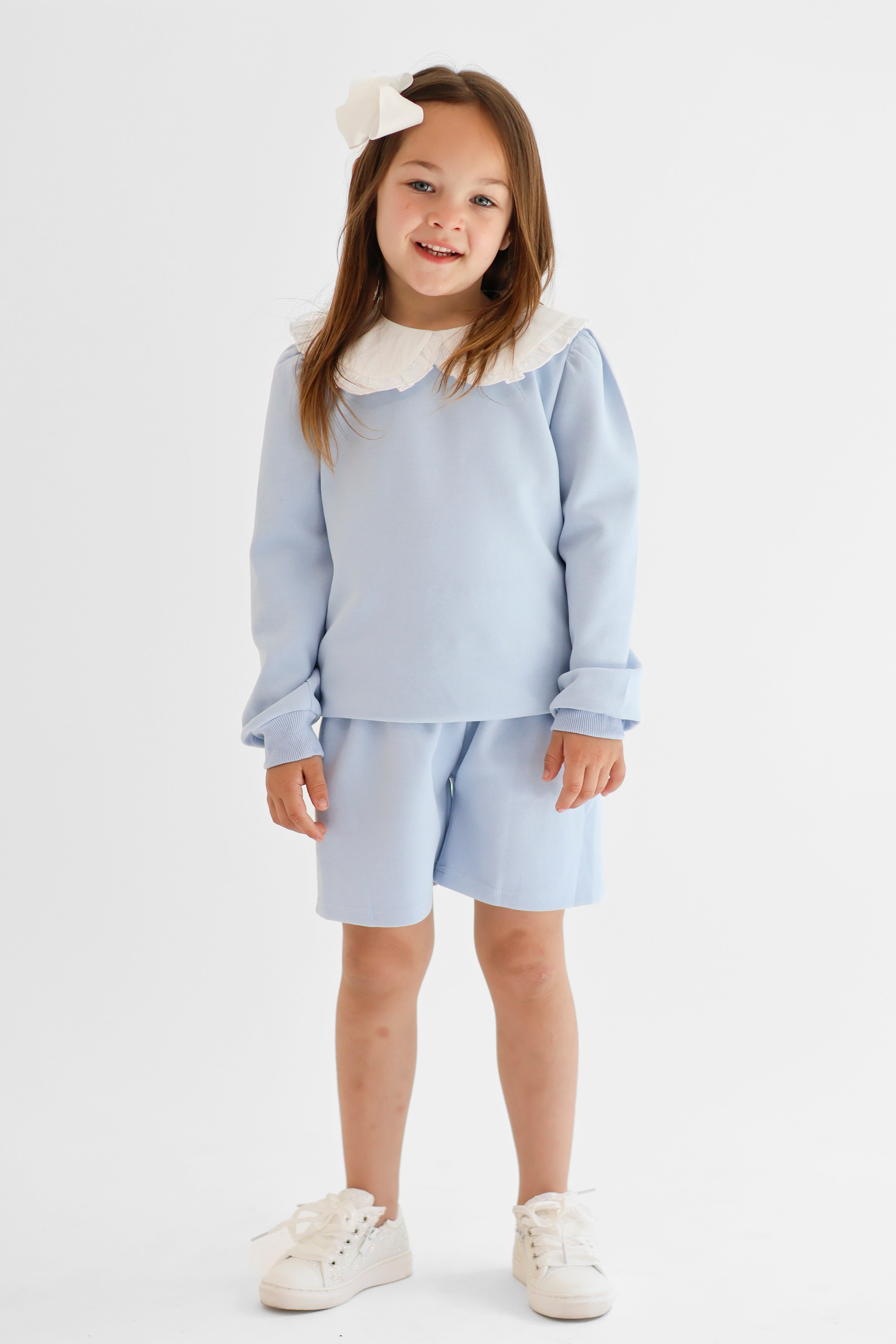 Emily Girls Frilly Collar Jumper & Shorts Set Blue
