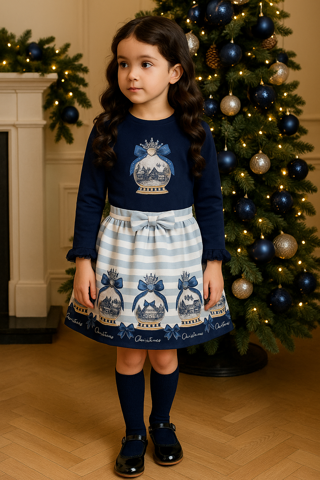 Girls Navy Christmas Snow Globe Diamanté Top & Skirt Set