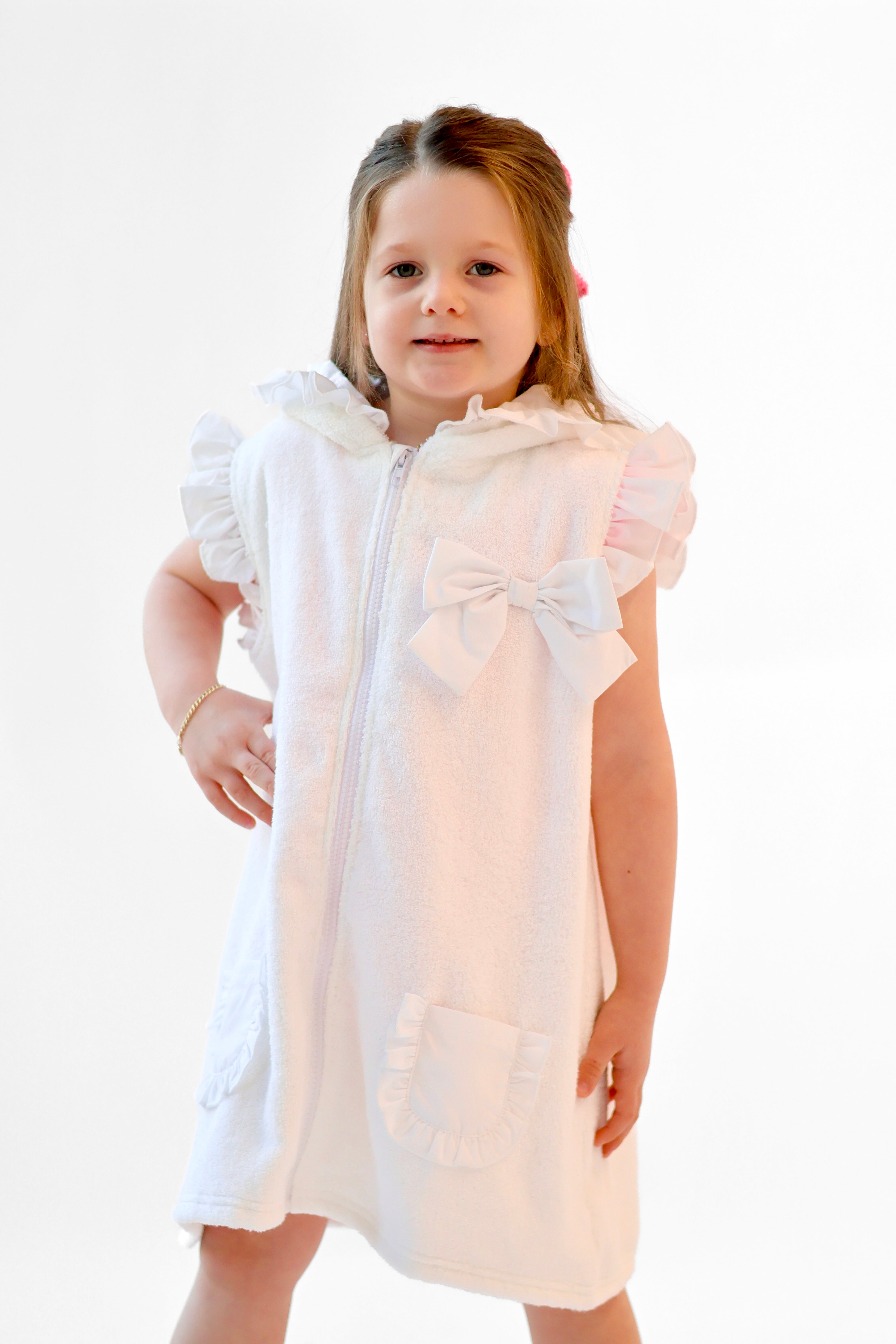 Girls Bow Towel Zip Up Poncho