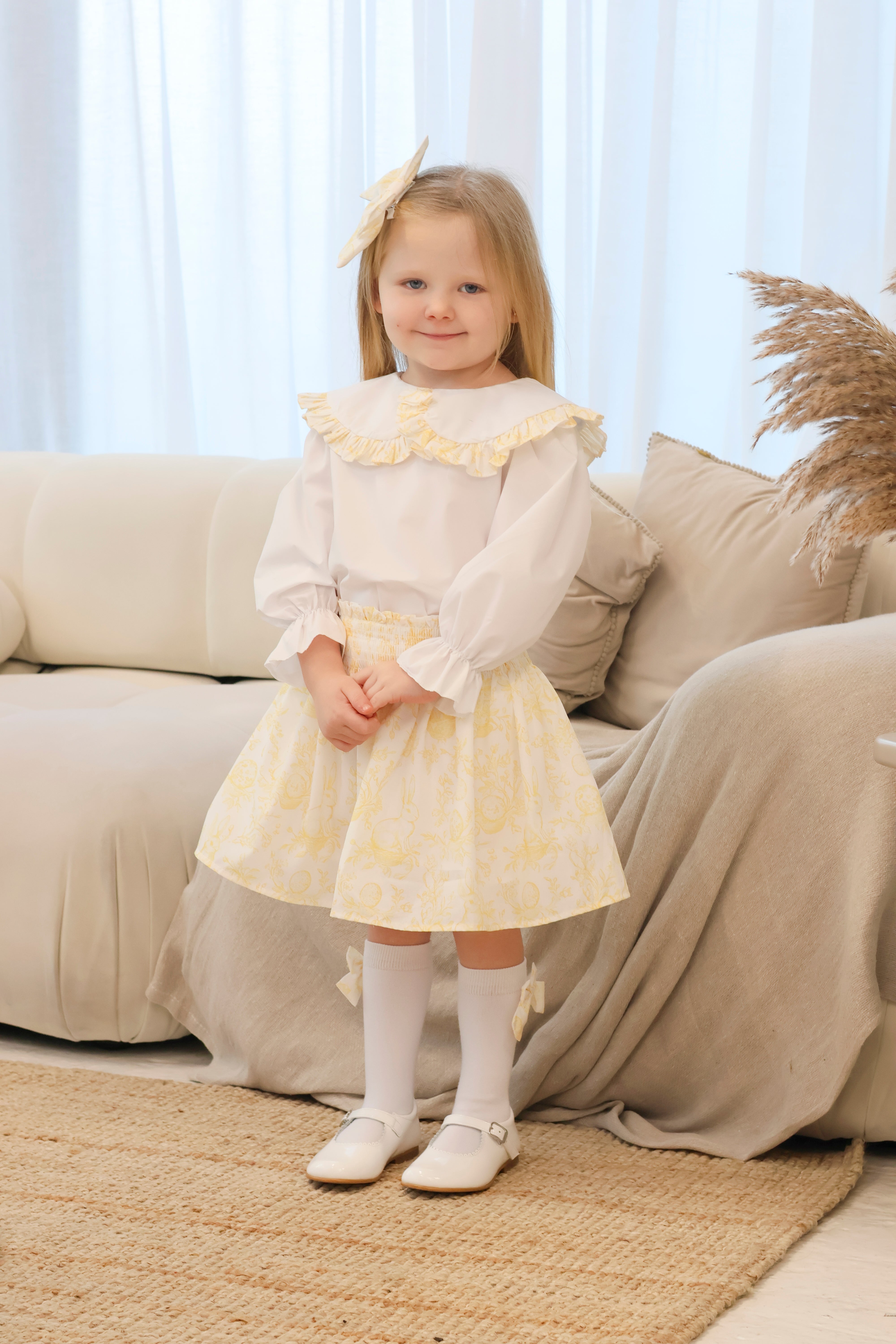 Girls Bunny Print 3 Piece Skirt & Shirt Set Lemon
