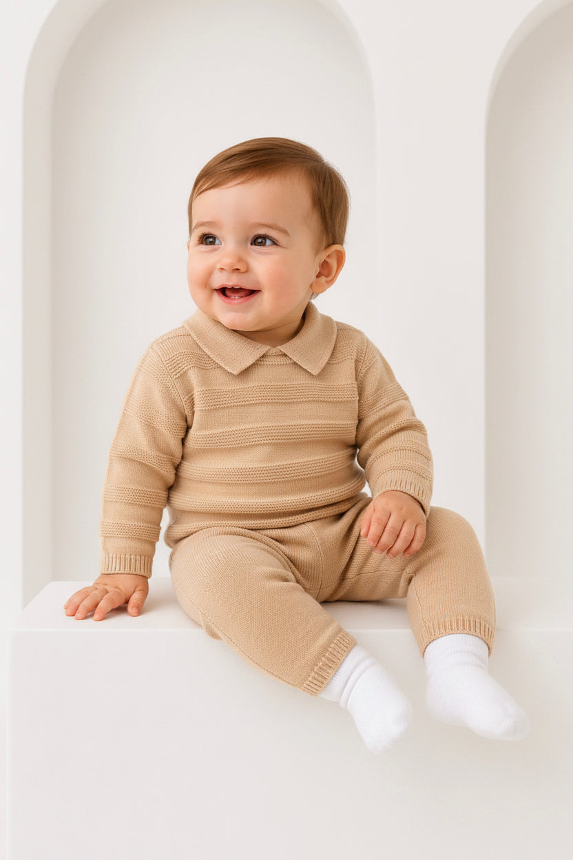 Alfie Pex Baby Boys Knitted Tracksuit Set Camel