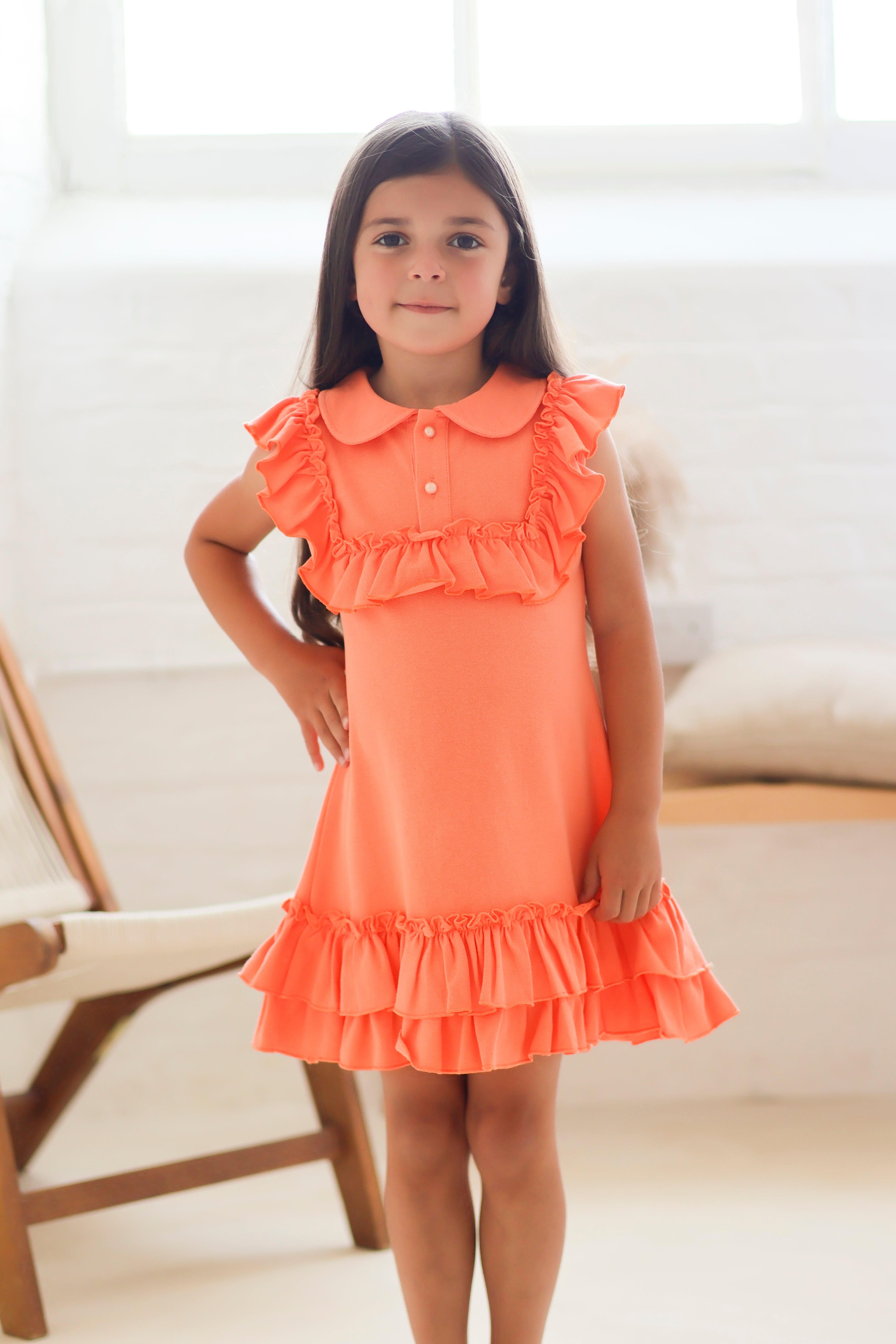 Ellie Girls Frilly Ruffle Polo Dress Coral