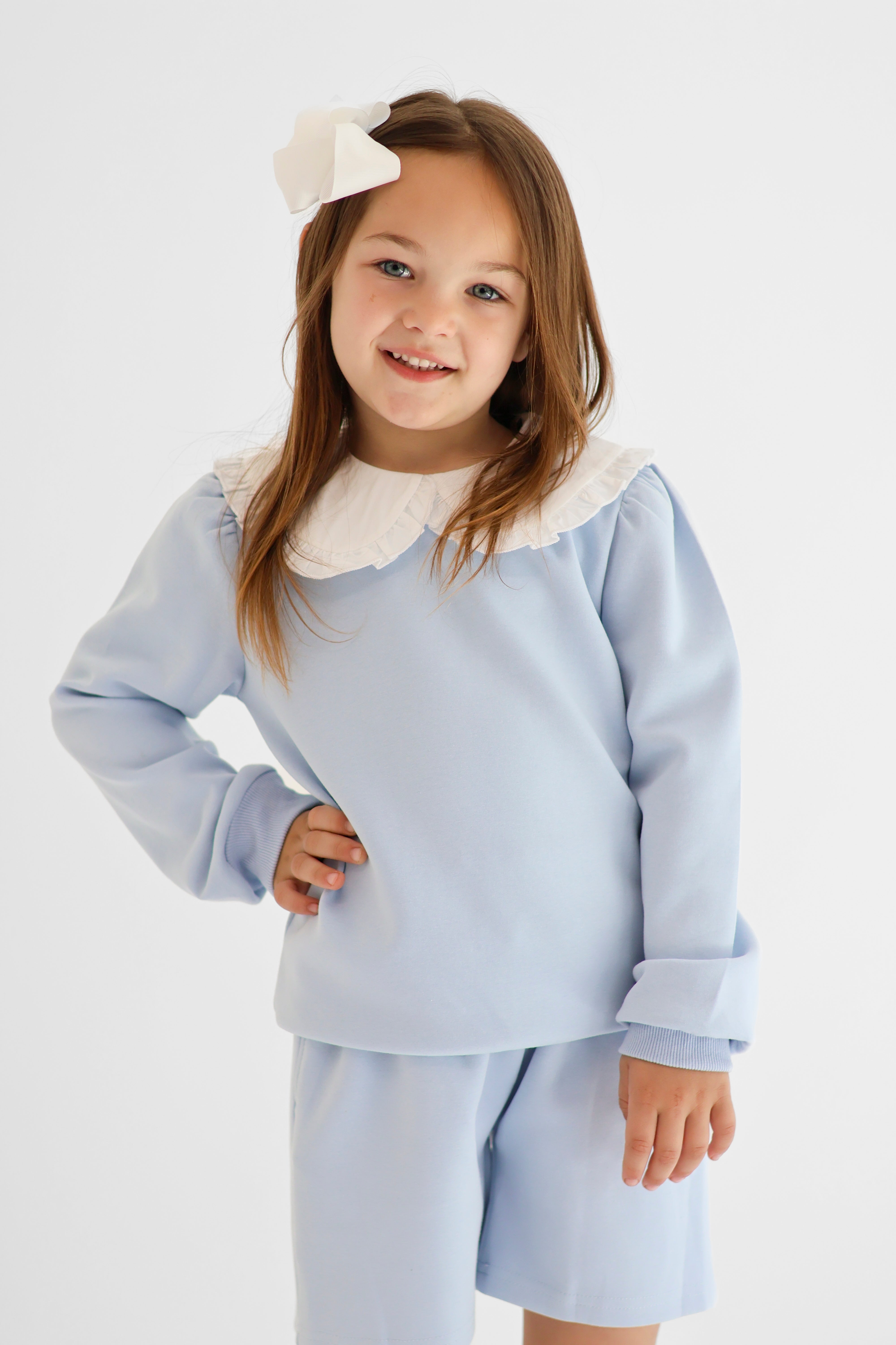 Emily Girls Frilly Collar Jumper & Shorts Set Blue