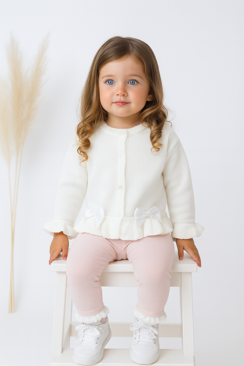 Girls Ruffle Bow Frilly Cardigan White