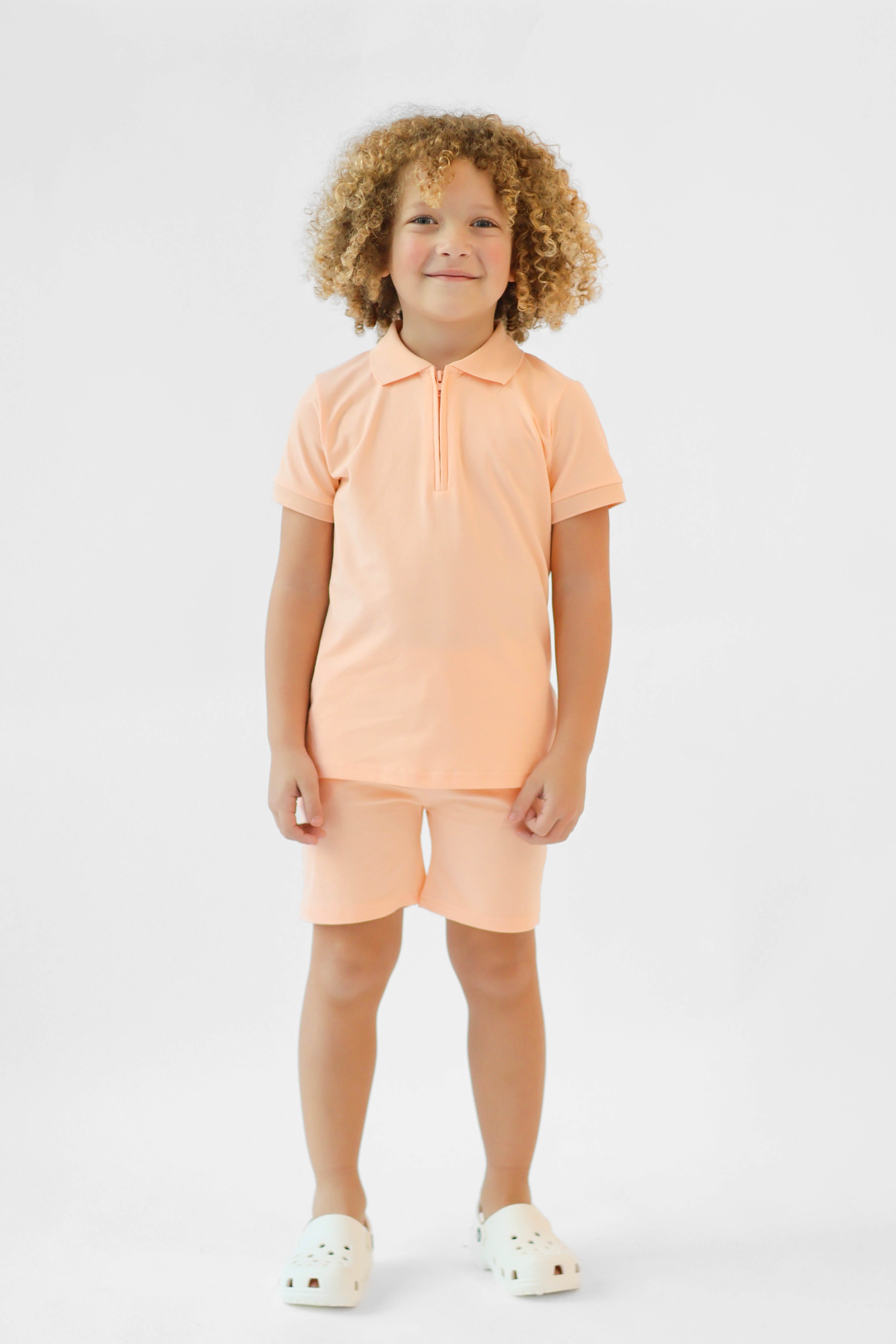 Jay Boys Plain Zip Up Polo Short Set Peach