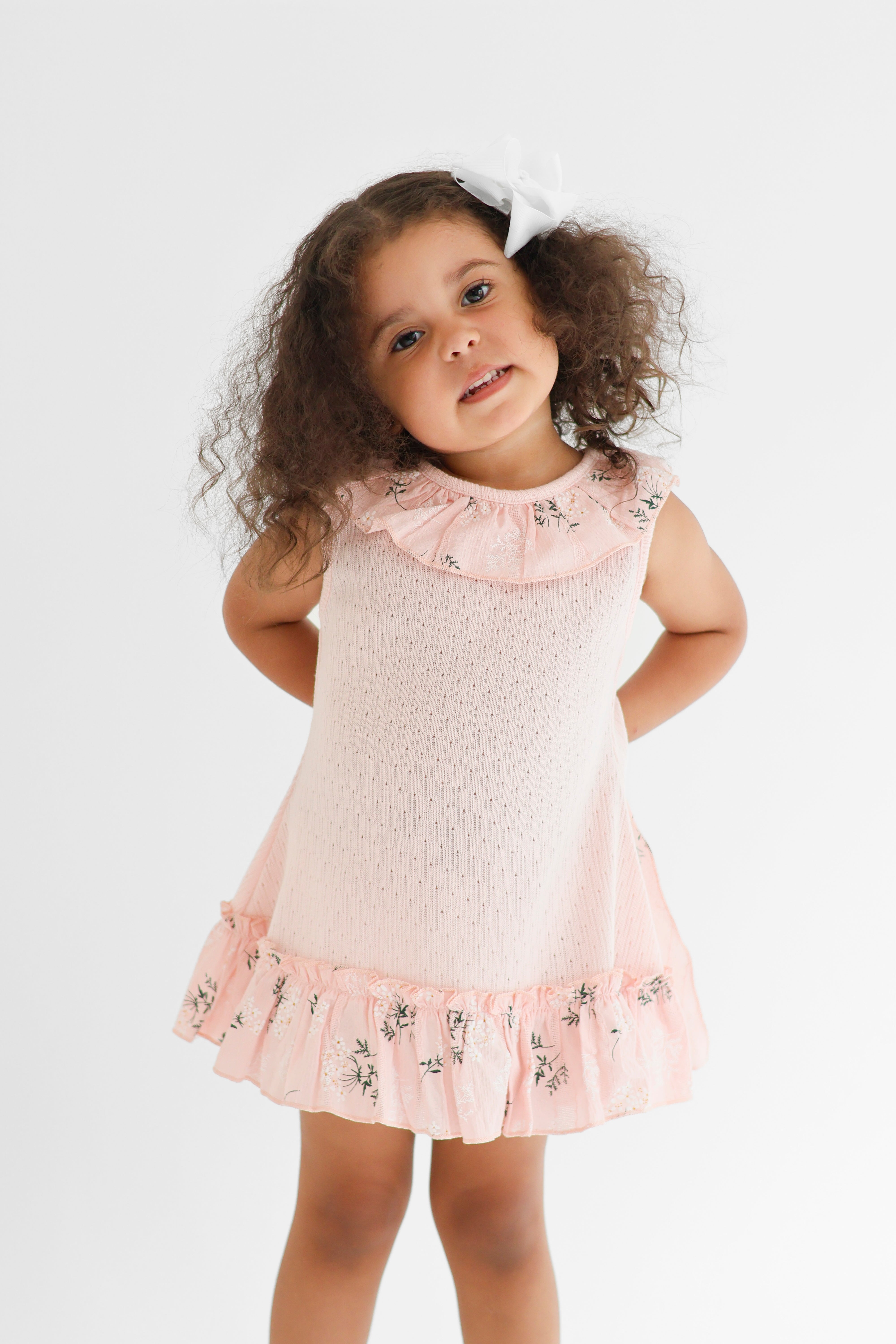 Eliza Girls Pink Knit Floral Bow Dress