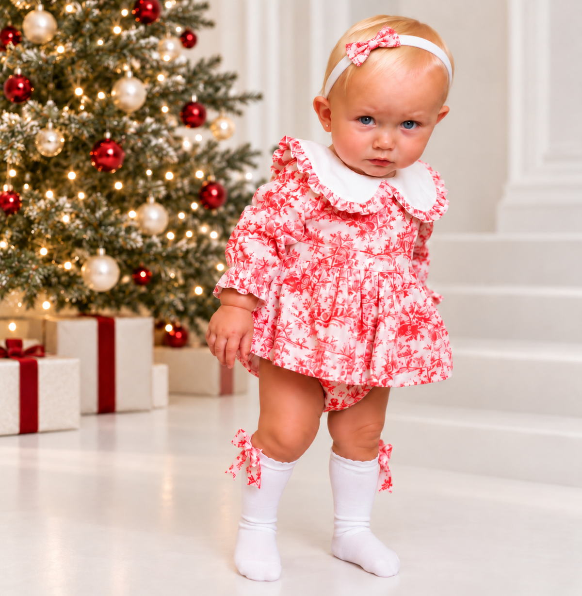 Valerie Luxe Toile Girls 3pc Romper Set Red