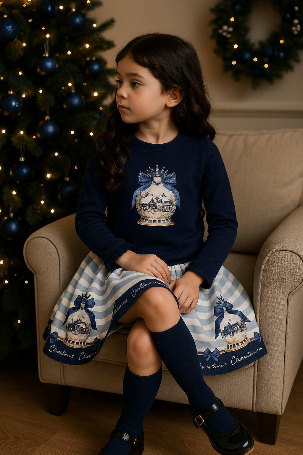 Girls Navy Christmas Snow Globe Diamanté Top & Skirt Set