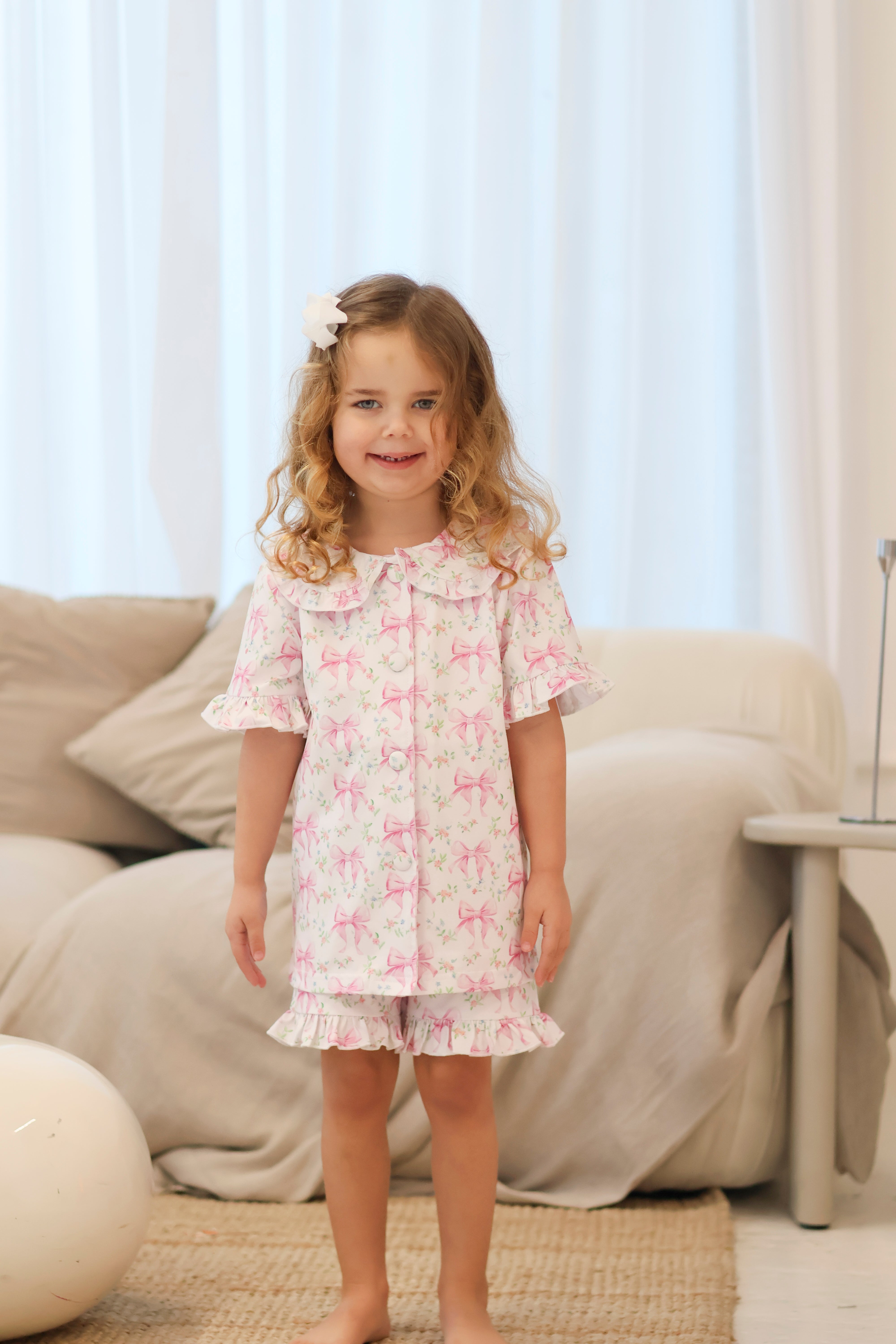 Floral Bow Short Sleeve Girls Frilly Pink Pyjamas