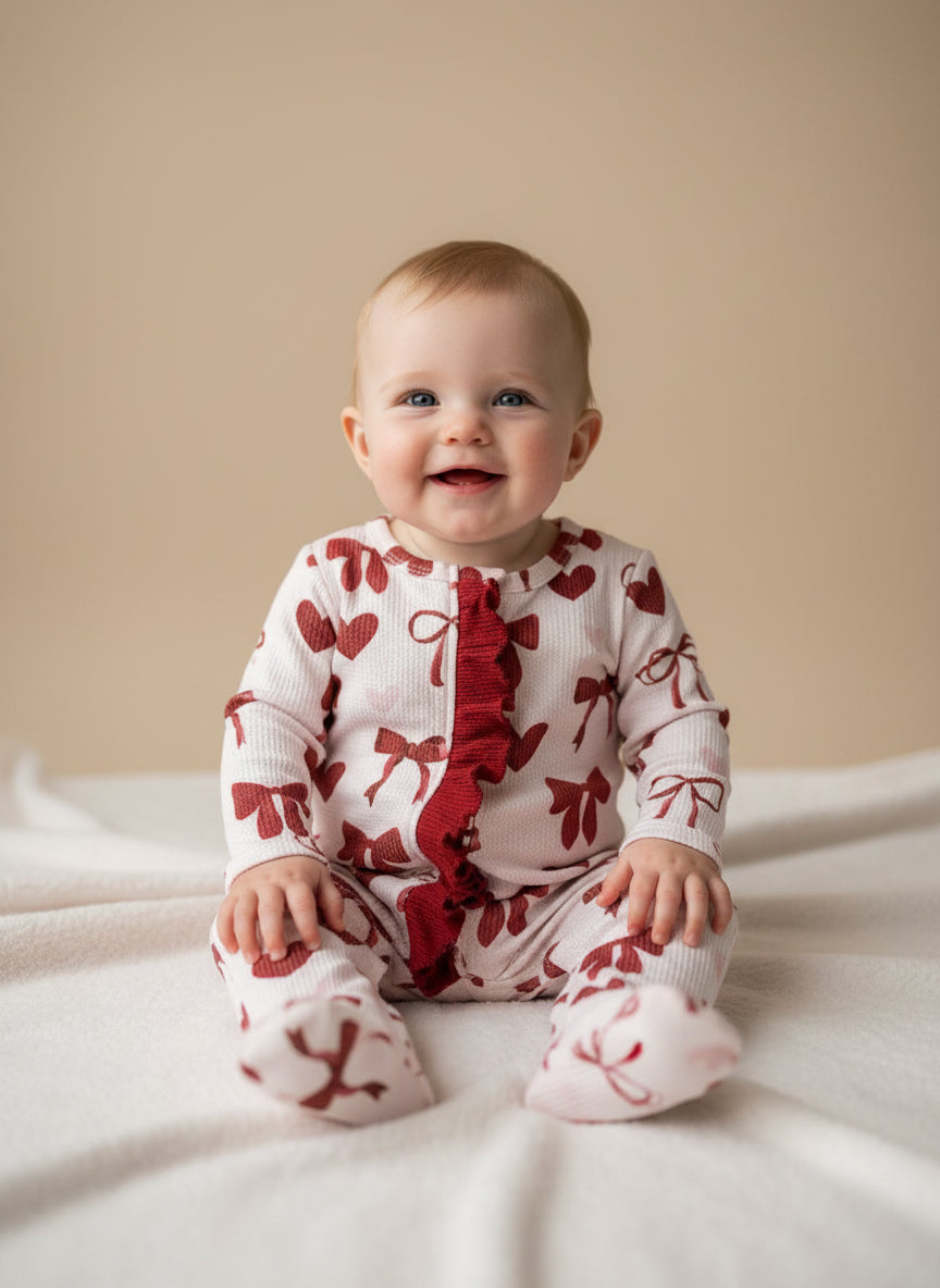 Baby Girls Pink and Burgundy Bow Babygrow