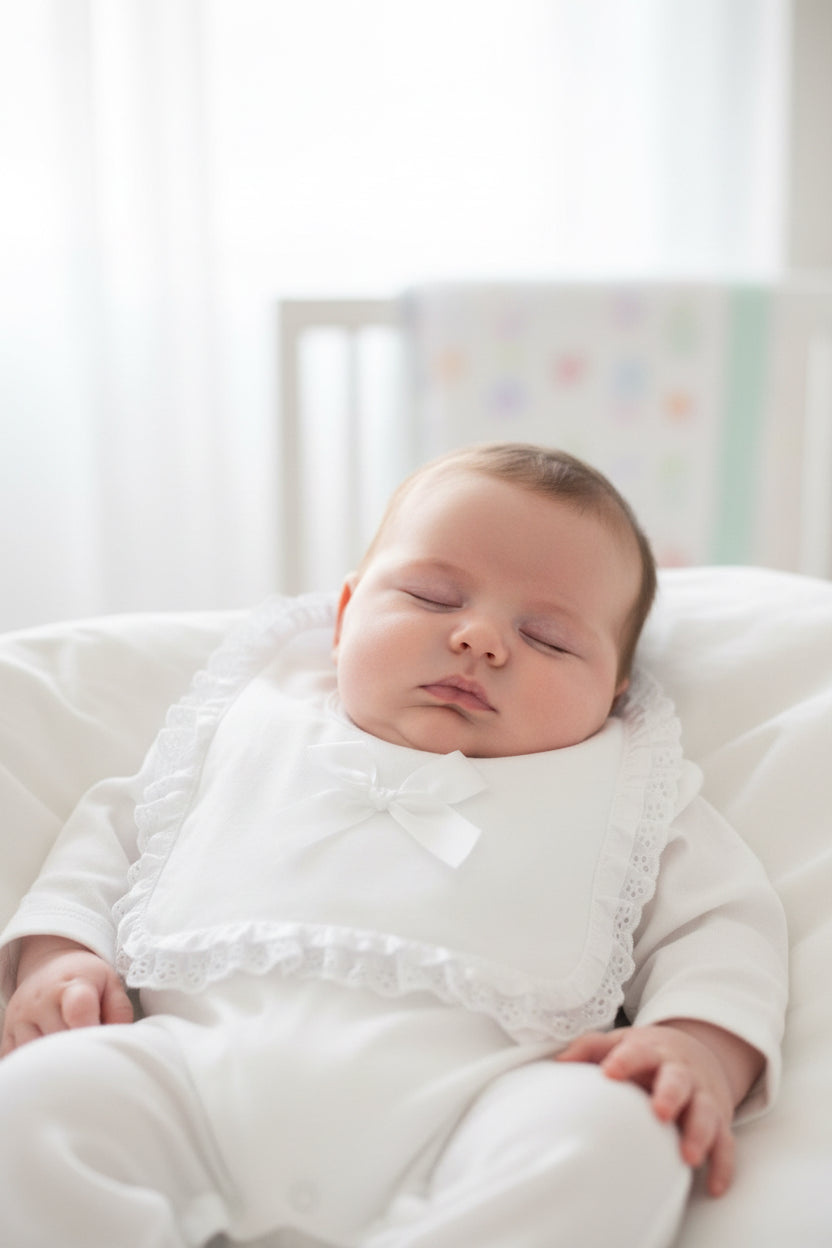 Frilly Lace Bow Baby Bib White