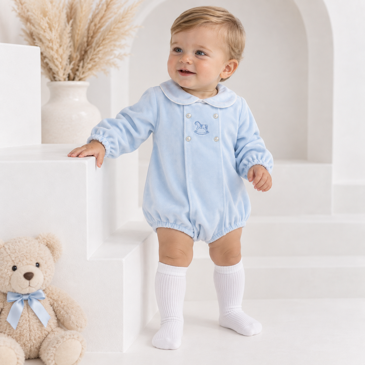 George Romper Peter Pan Collar Embroidery Horse Blue Velour
