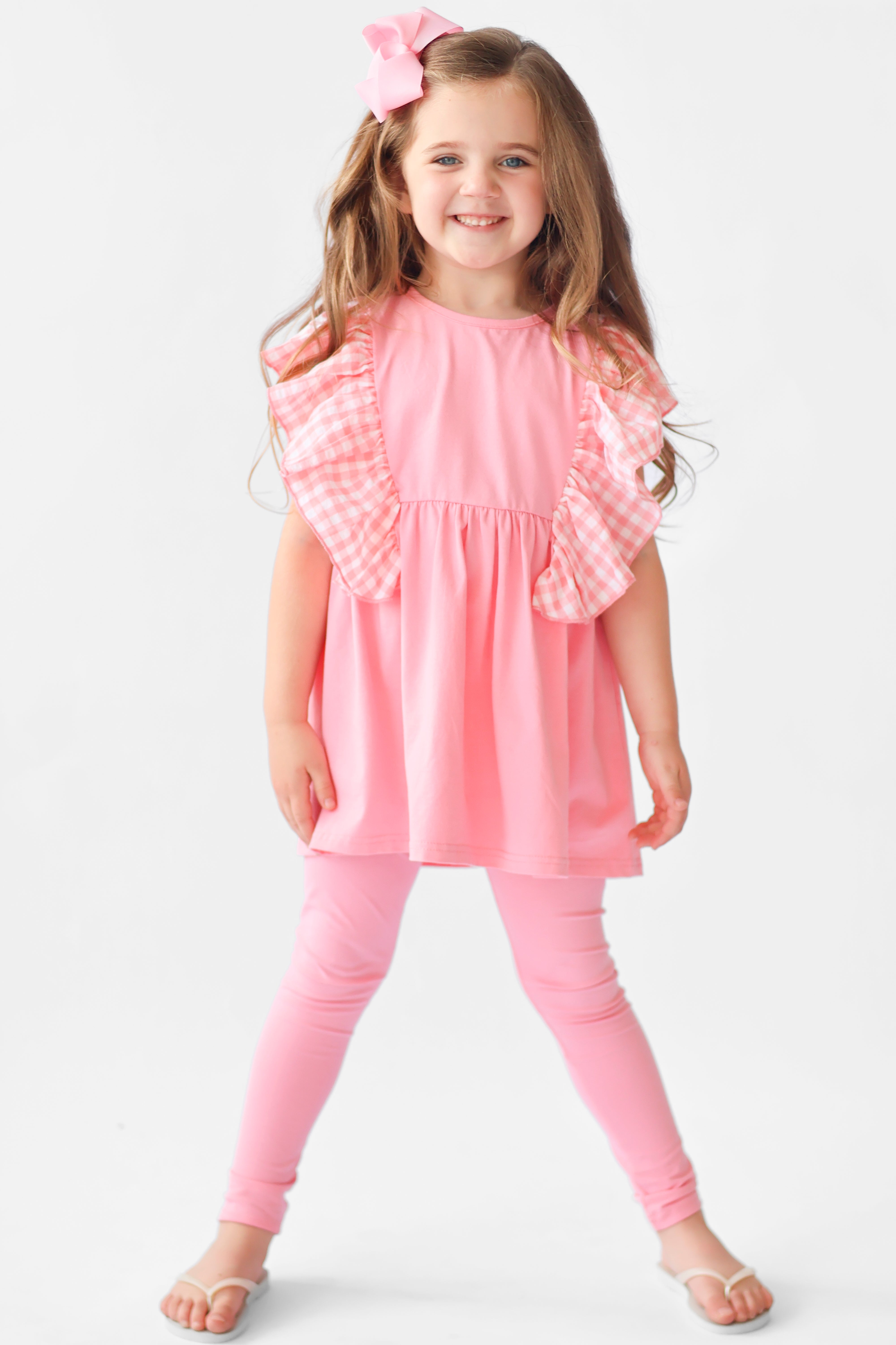 Gia 3 piece Girls Pink Frilly Gingham Leggings & Shorts Tracksuit Set