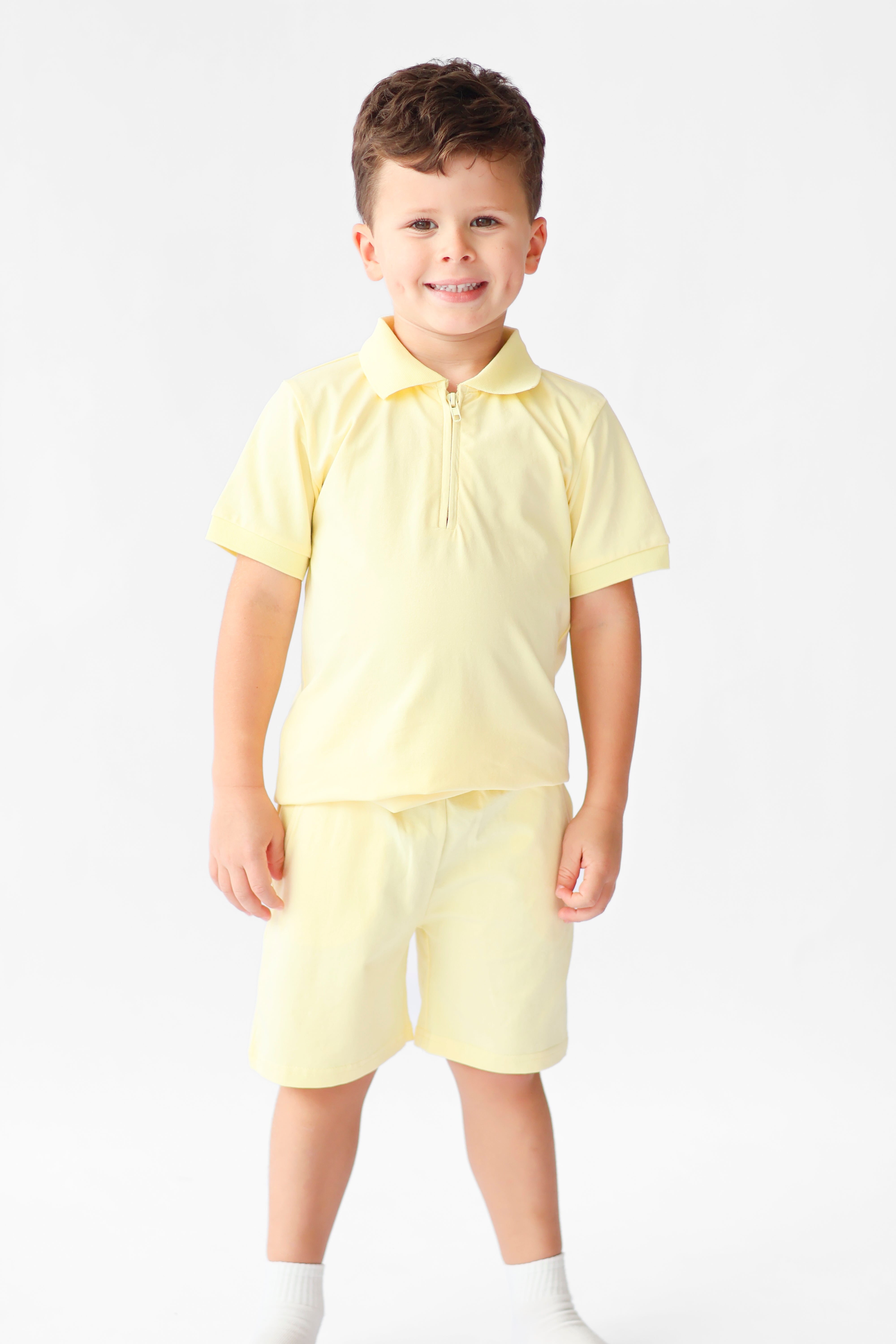 Jay Boys Plain Zip Up Polo Short Set Lemon