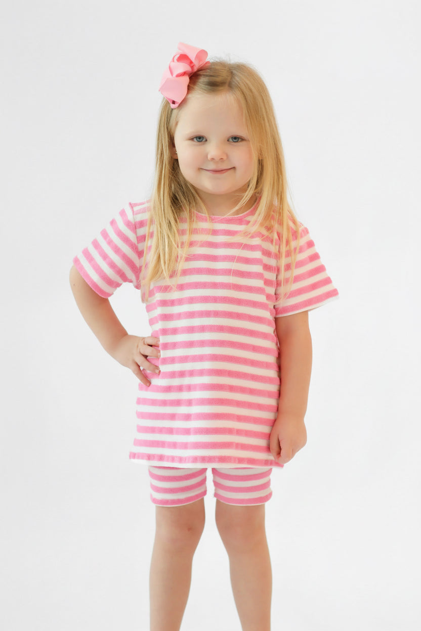 Pink Striped Girls Terry Towelling Frilly Cycling Short Set