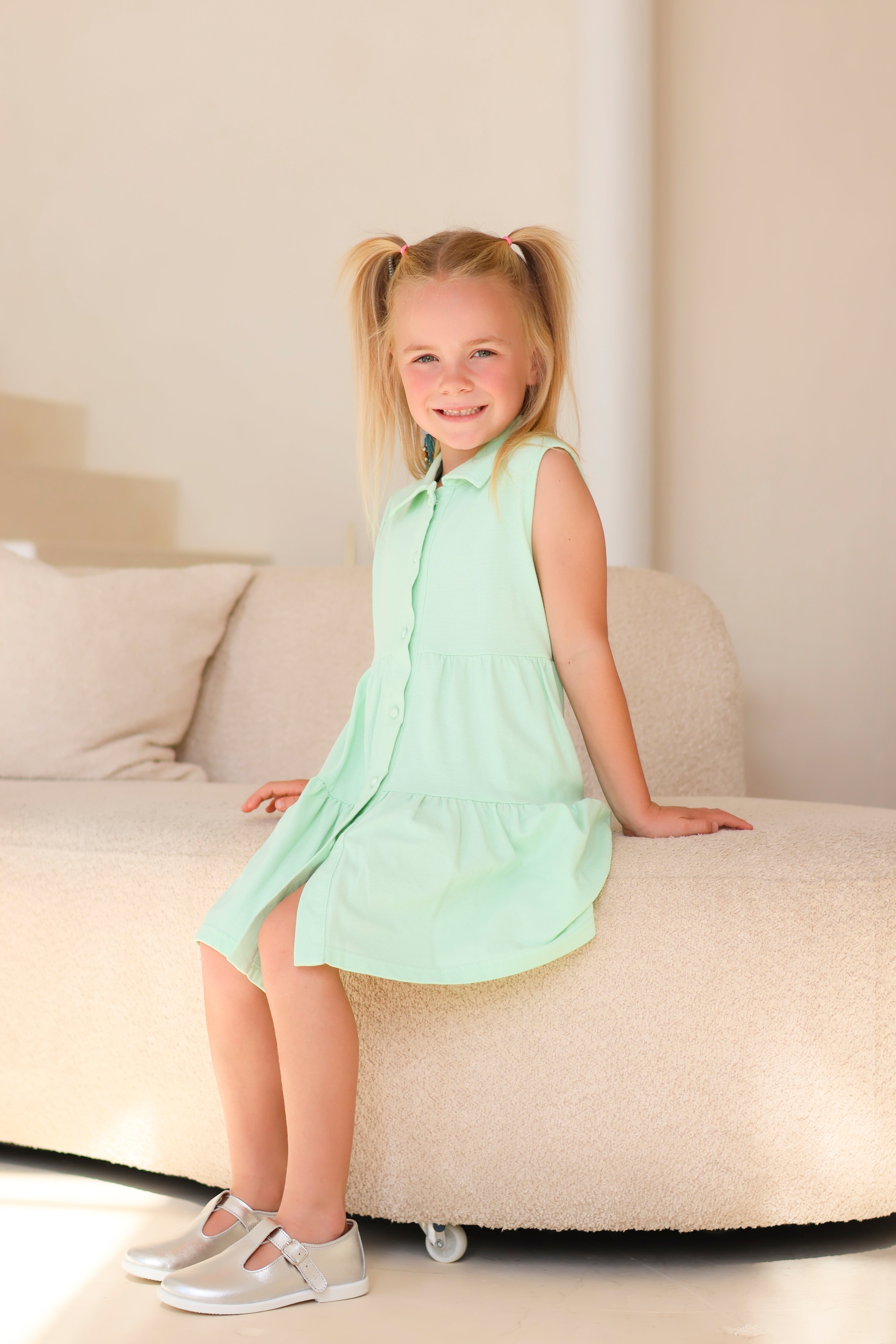 Maya Girls Pearl Button Polo Dress Mint
