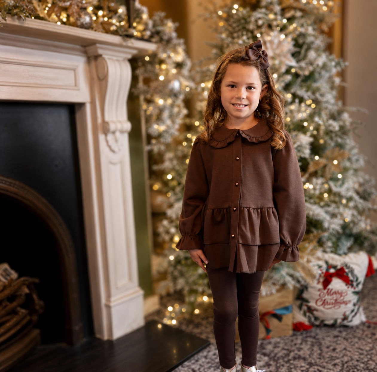 Elsie Luxe Girls Pearl Button Top & Legging Tracksuit Set Brown