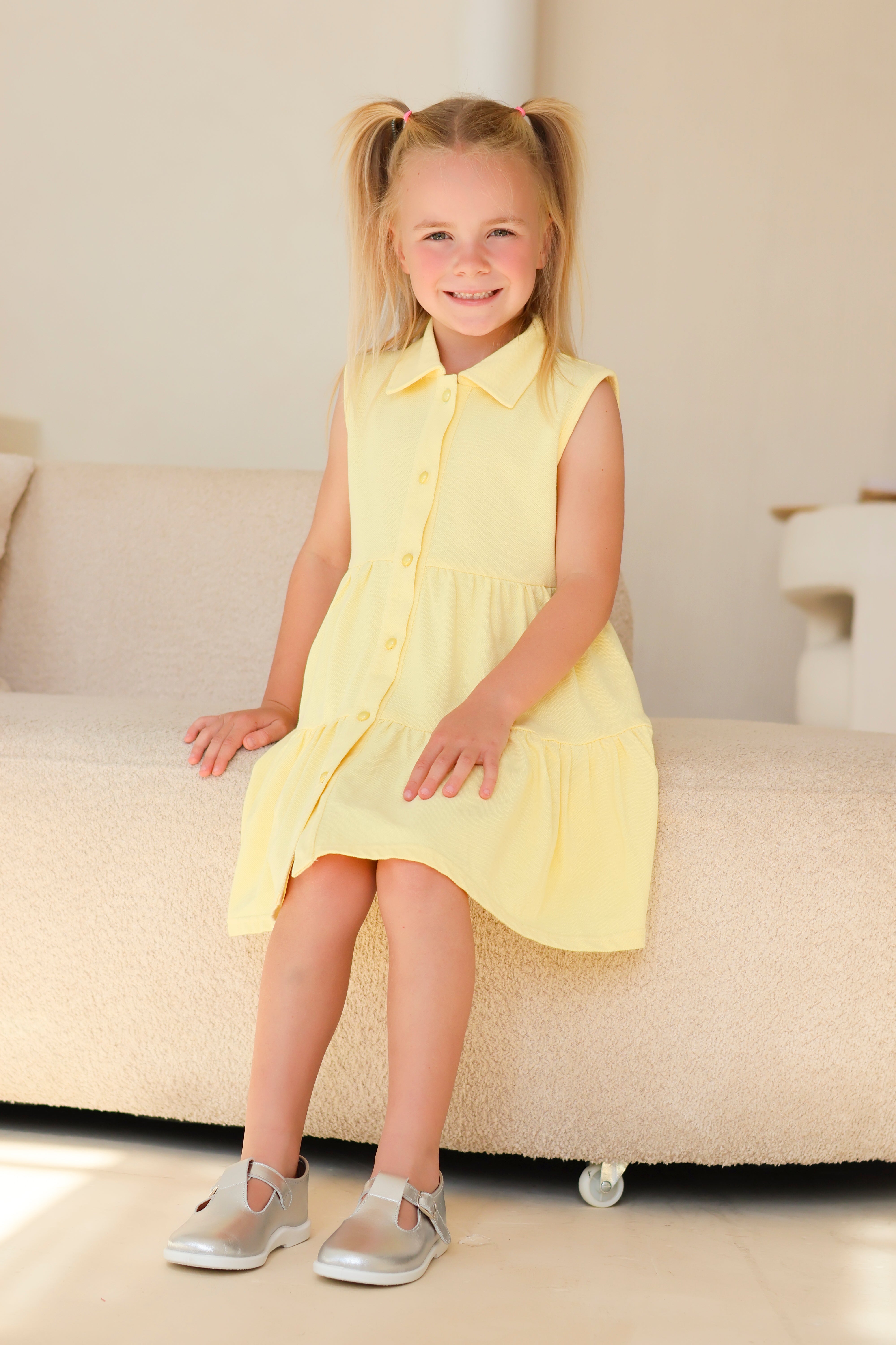 Maya Girls Pearl Button Polo Dress Lemon