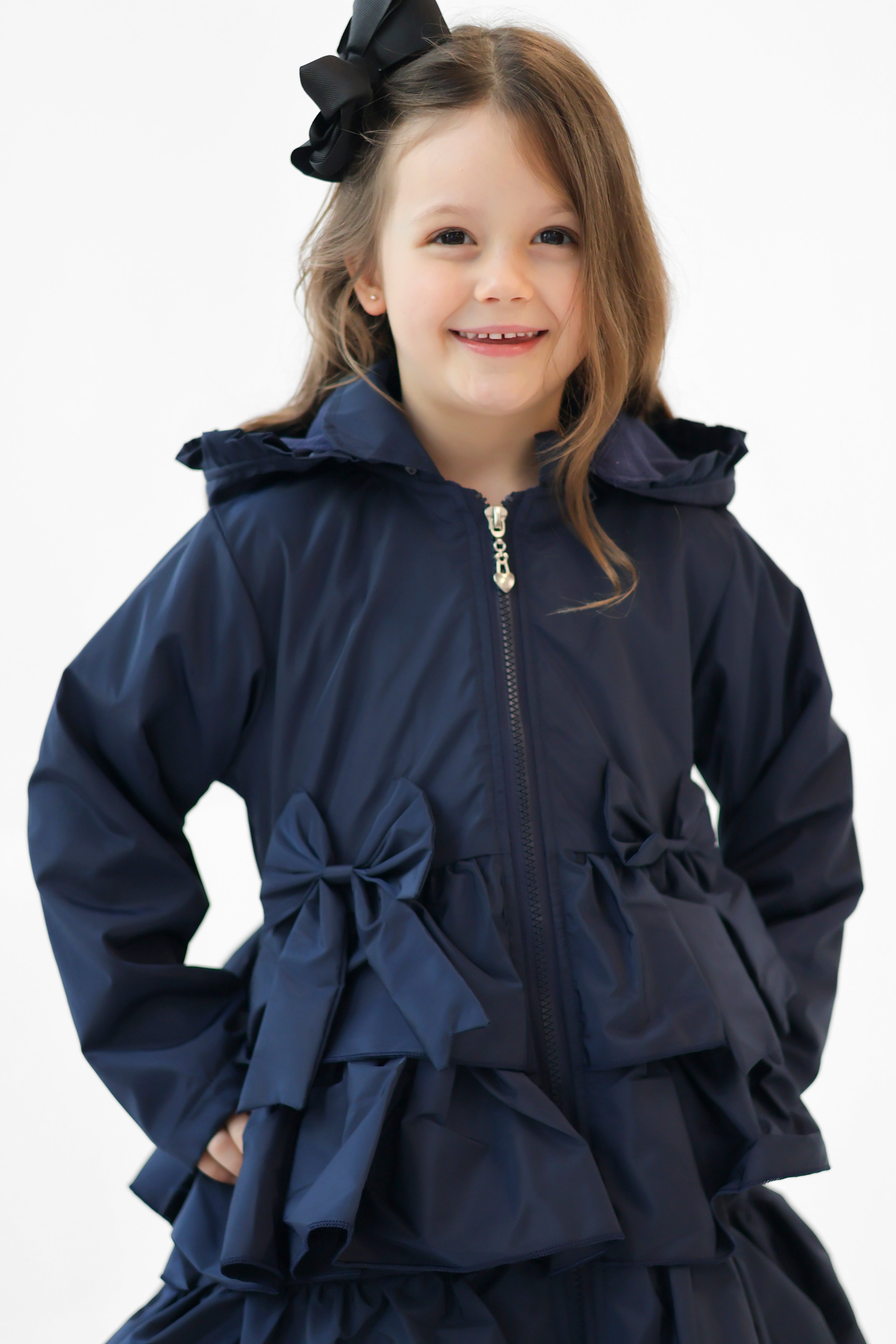 Martine Girls Frilly Bow Fleece Lined Rain Jacket Navy