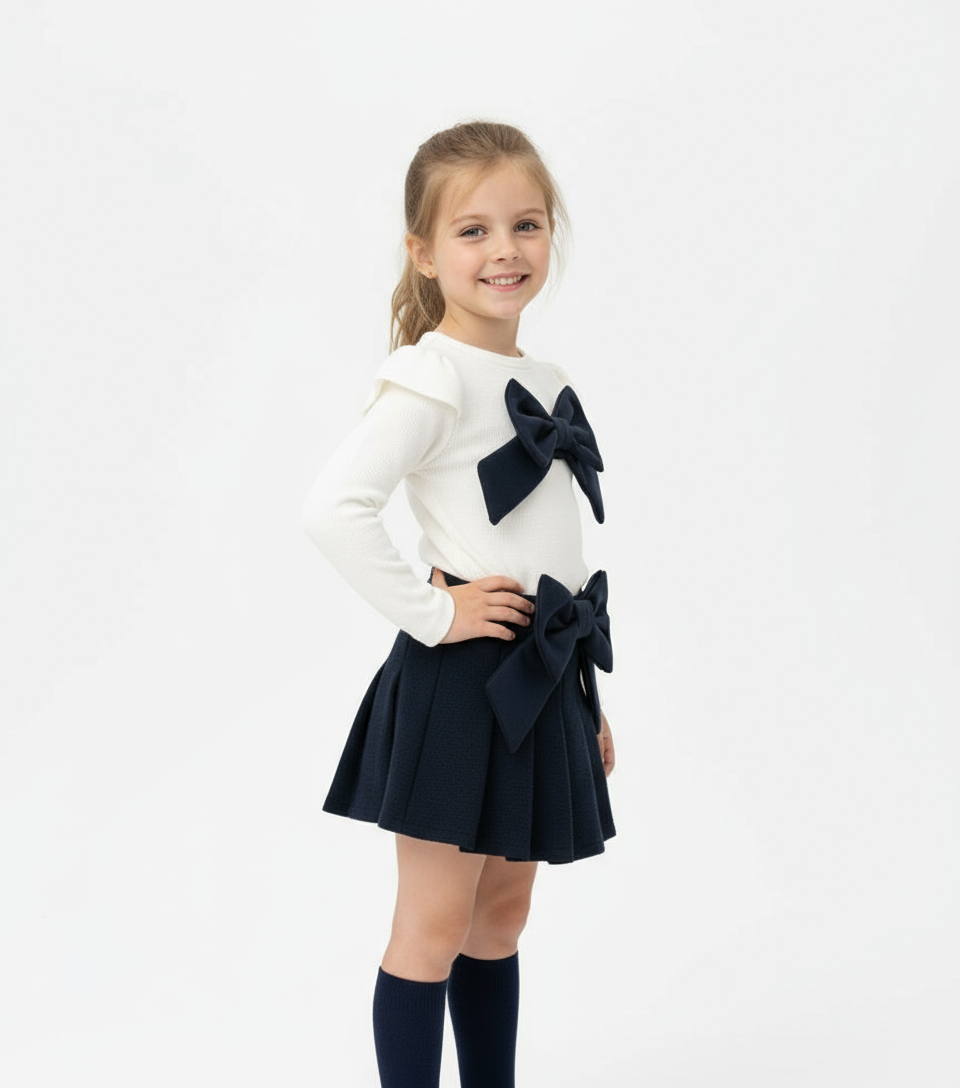 Girls Bow Skirt Set Navy