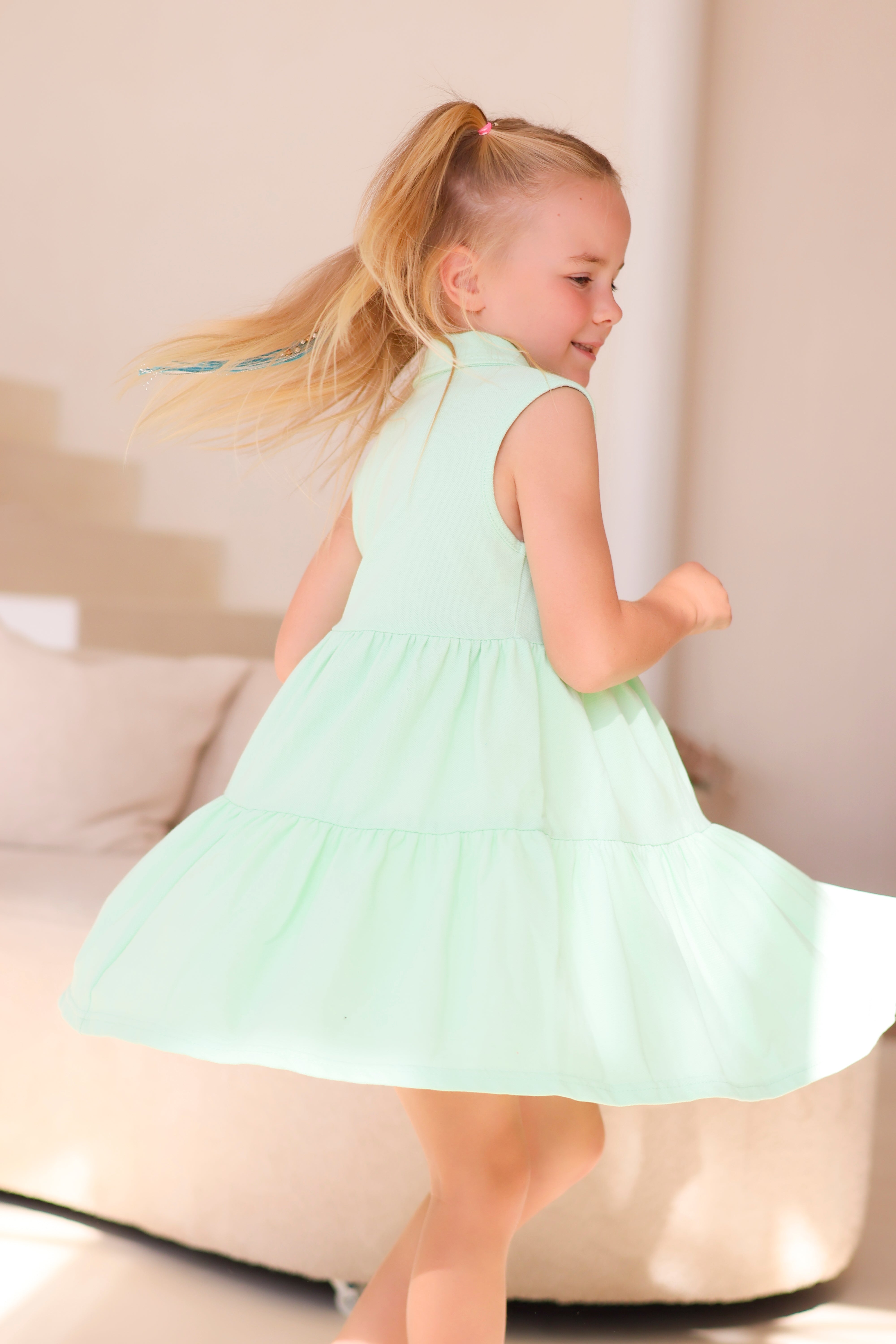 Maya Girls Pearl Button Polo Dress Mint