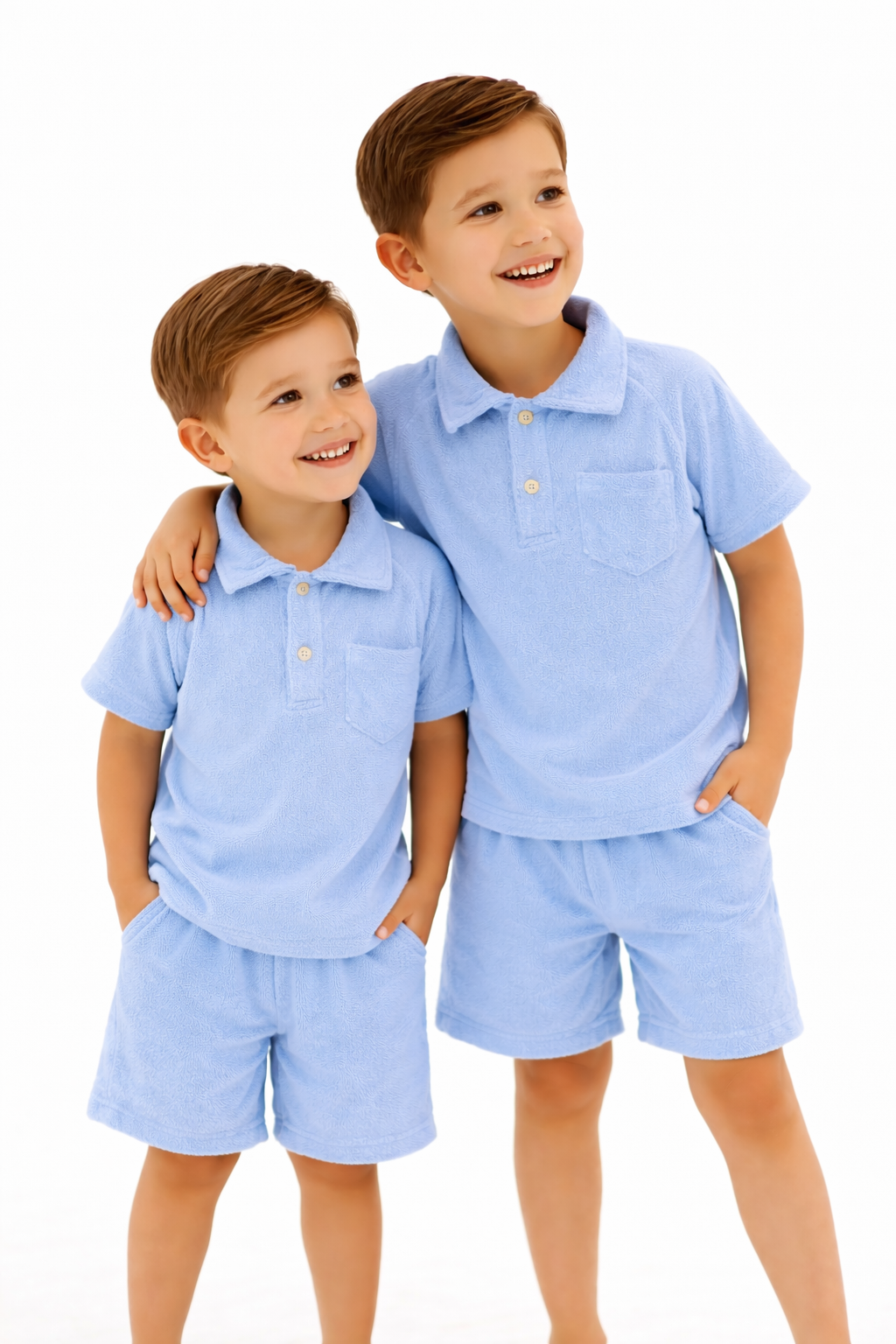 Ernie Boys Terry Towelling Button Polo Top & Shorts Baby Blue