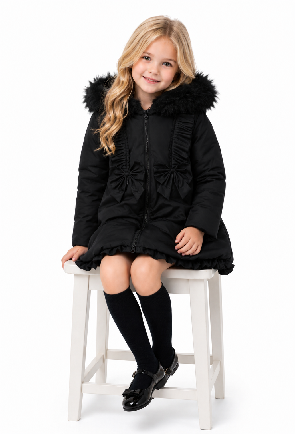 Scarlet Girls Padded Faux Fur Hood Frilly Bow Coat Black