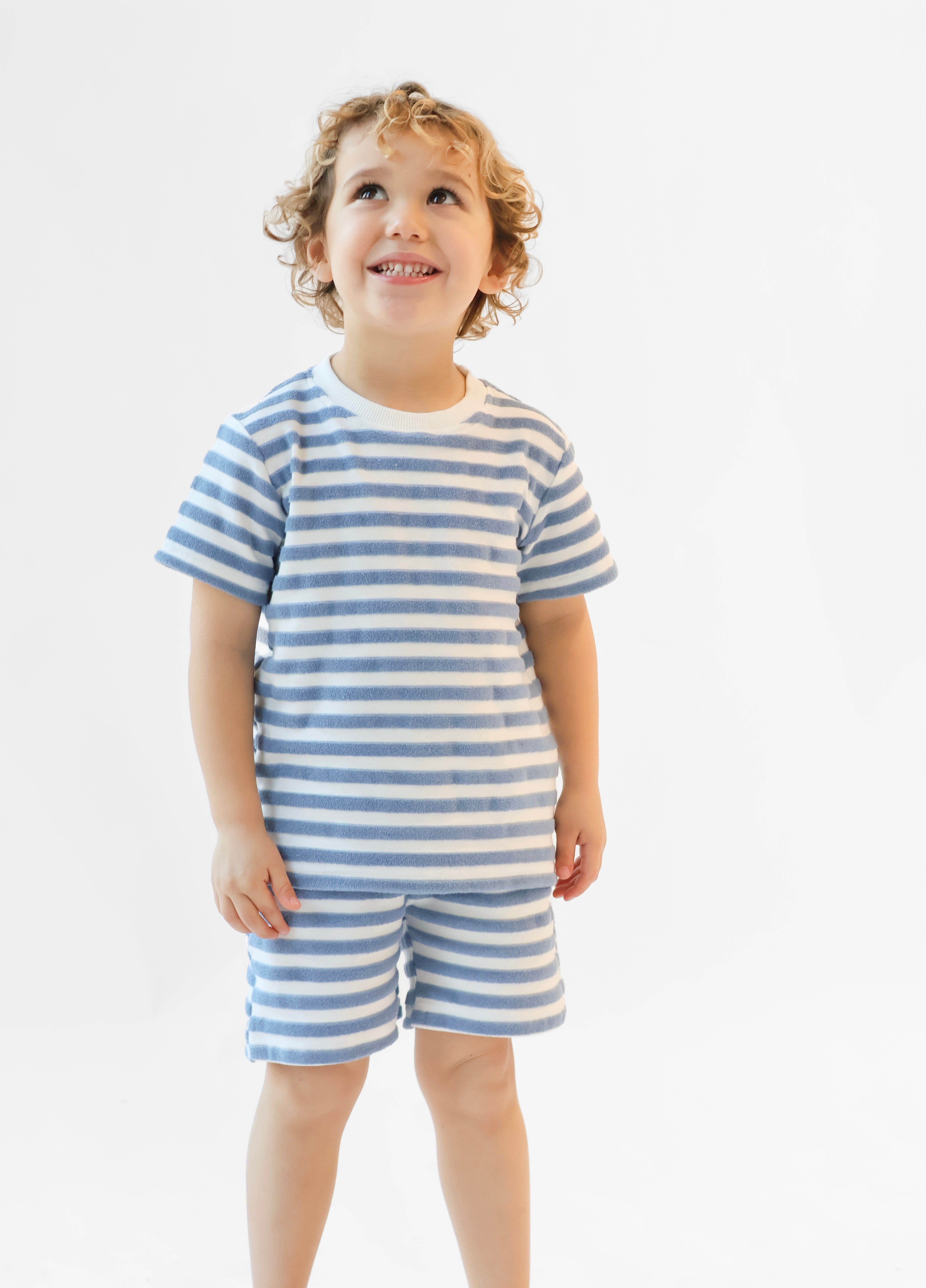 Archie Boys Terry Towelling Striped Shorts & T-Shirt Blue