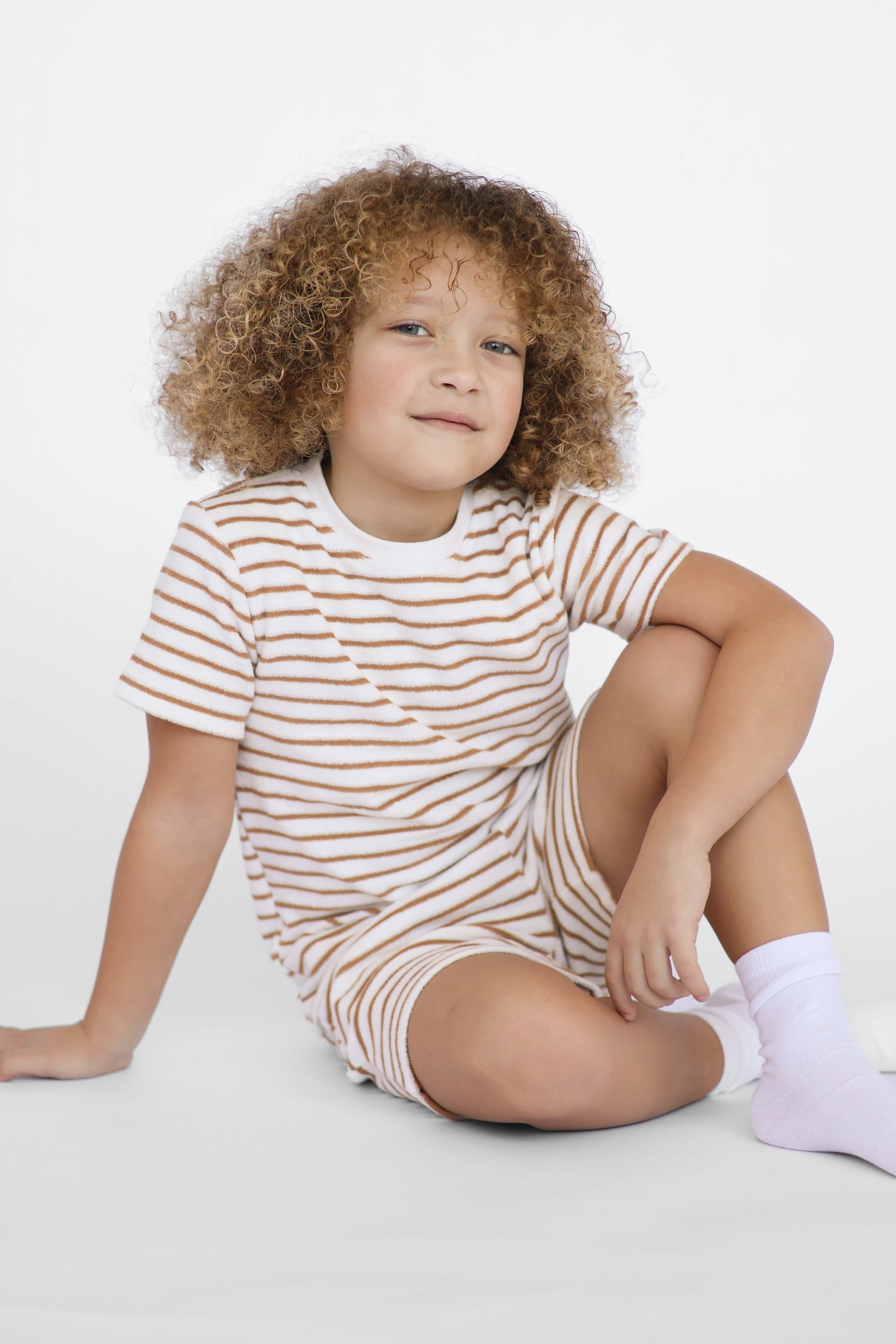 Leo Boys Stripe Towelling Plain Shorts & T-Shirt Set Beige