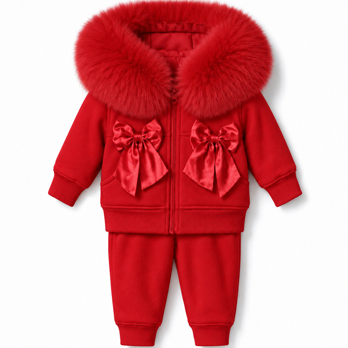 Evabella Faux Fur Bow Tracksuit Red