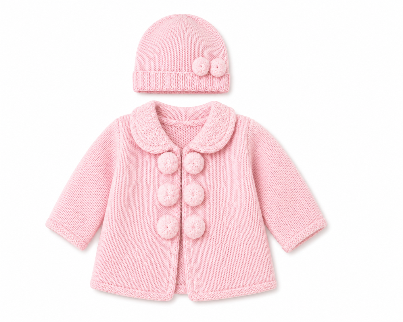 Pom Pom Thick Knitted Baby Girls Cardigan With Hat Pink