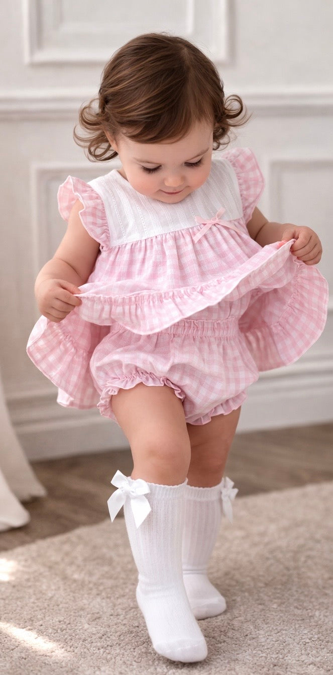 26103 Baby Girls Pink Checked Frilly Dress