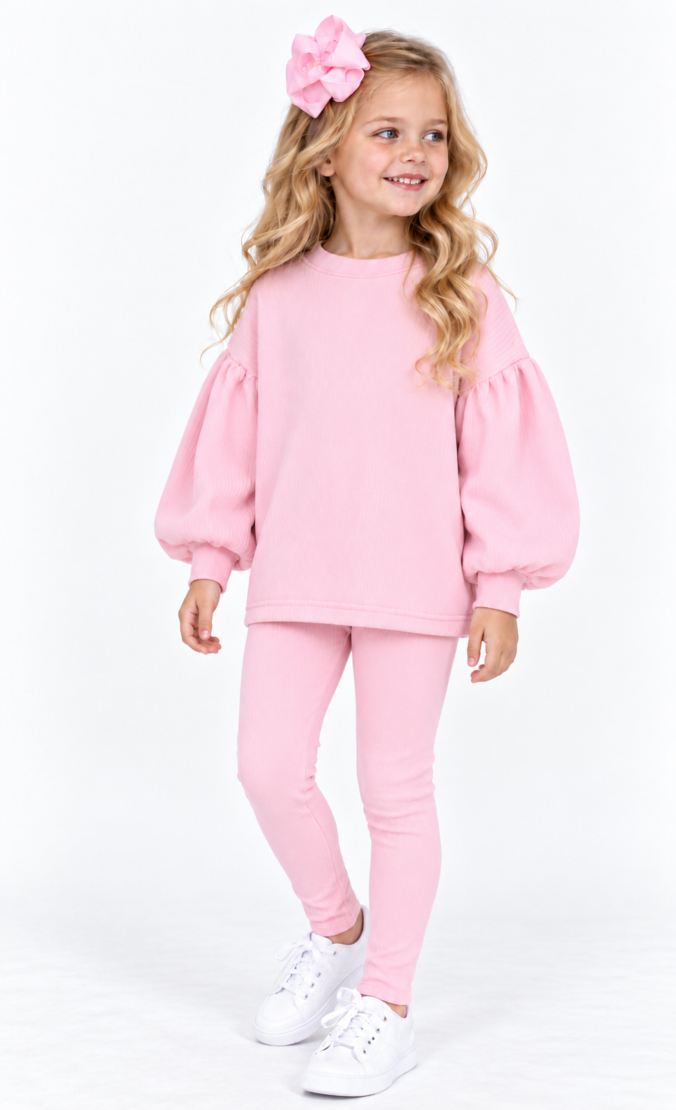Maddie Ribbed Girls Balloon Jumper & Legging Tracksuit Set Pink