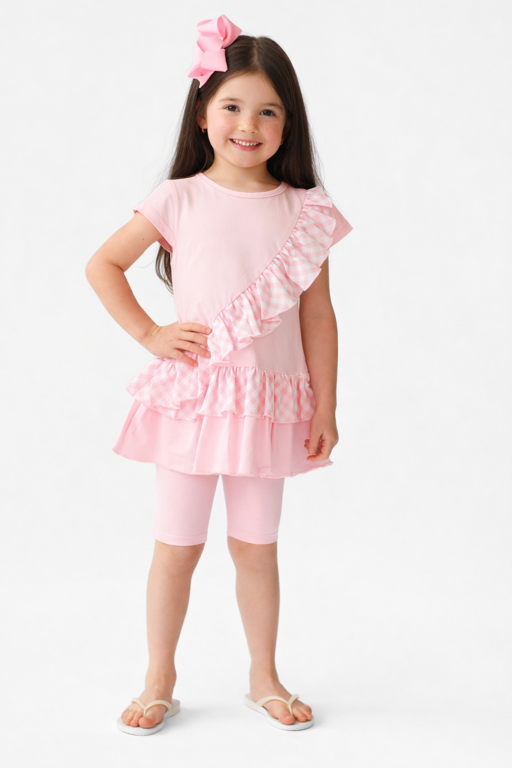 Amie 3 Piece Girls Gingham Top, Leggings & Cycling Shorts Set Pink