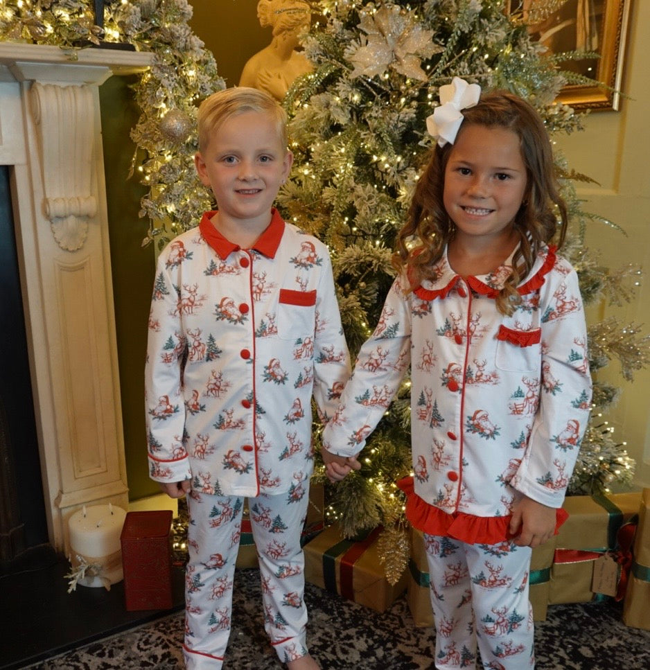 Vintage Toile Christmas Girls Frilly Collar Pyjamas