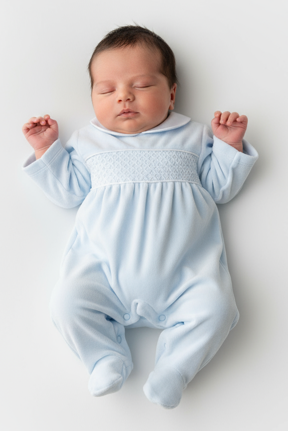 Albert Baby Blue & White Smocked Velour Babygrow