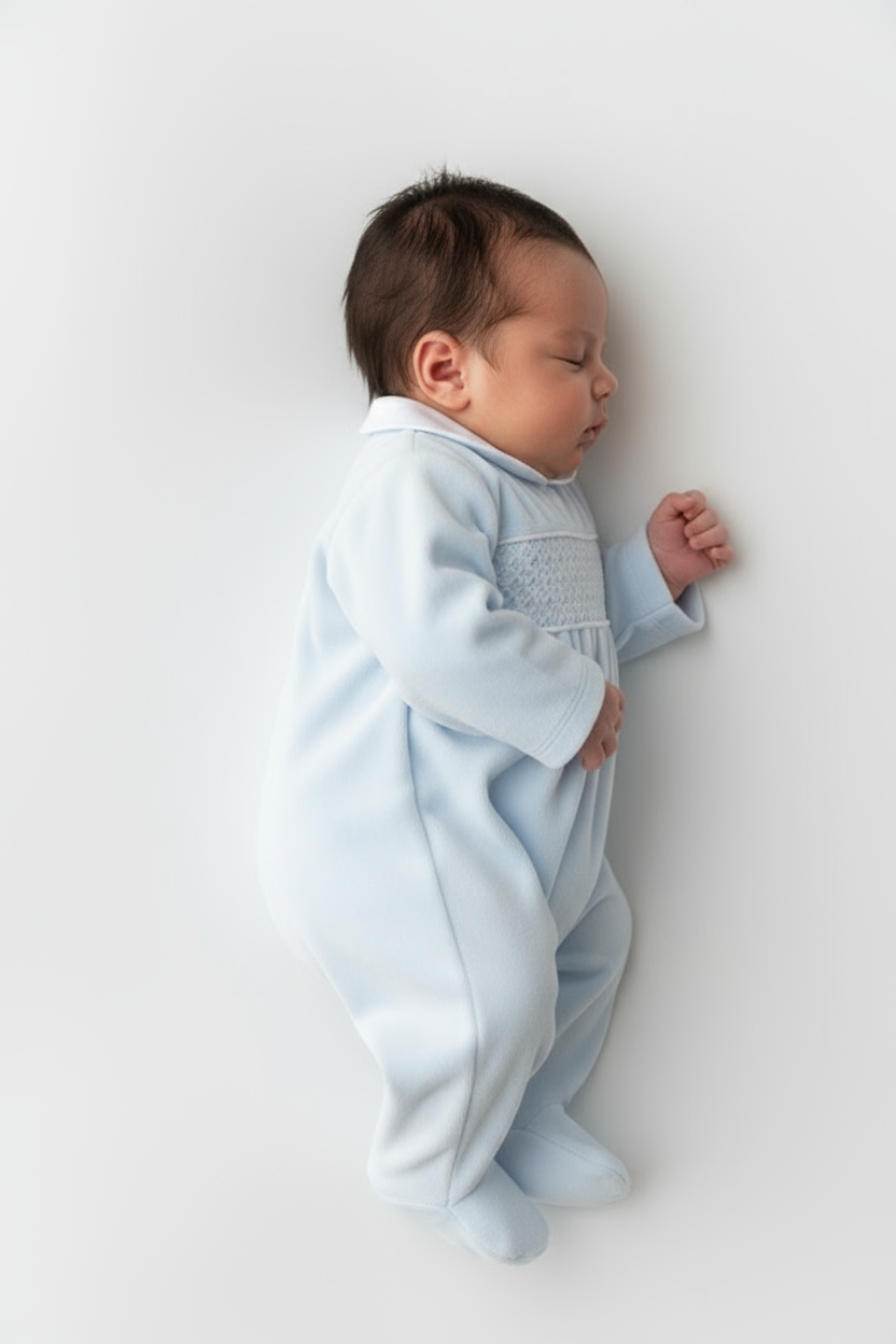 Albert Baby Blue & White Smocked Velour Babygrow