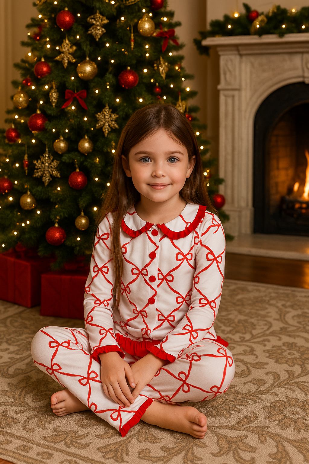 Girls Bow Print Frilly Pyjamas Red