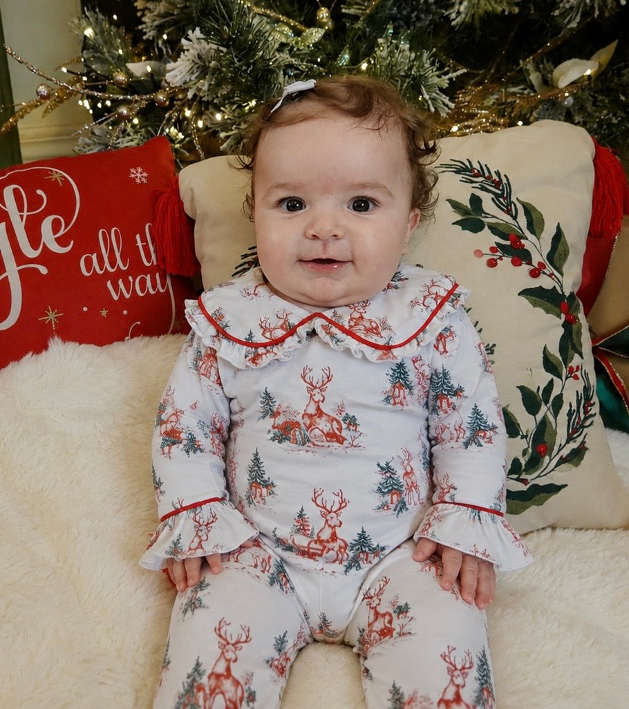 Vintage Toile Christmas Frilly Collar Babygrow