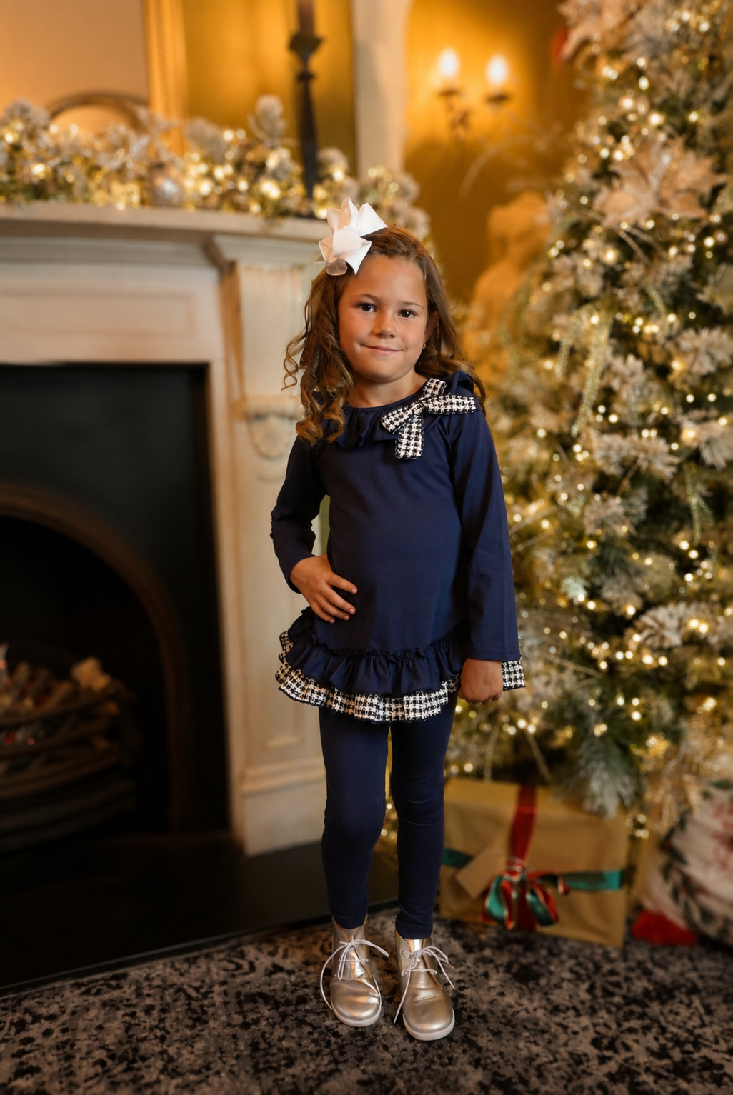 Hannah Girls Tweeded Frilly Bow Tracksuit Navy