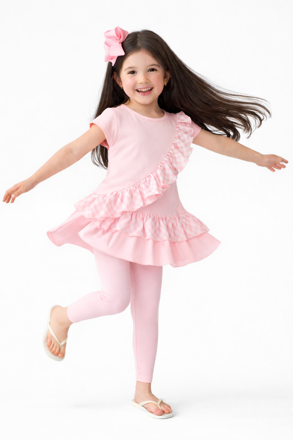 Amie 3 Piece Girls Gingham Top, Leggings & Cycling Shorts Set Pink
