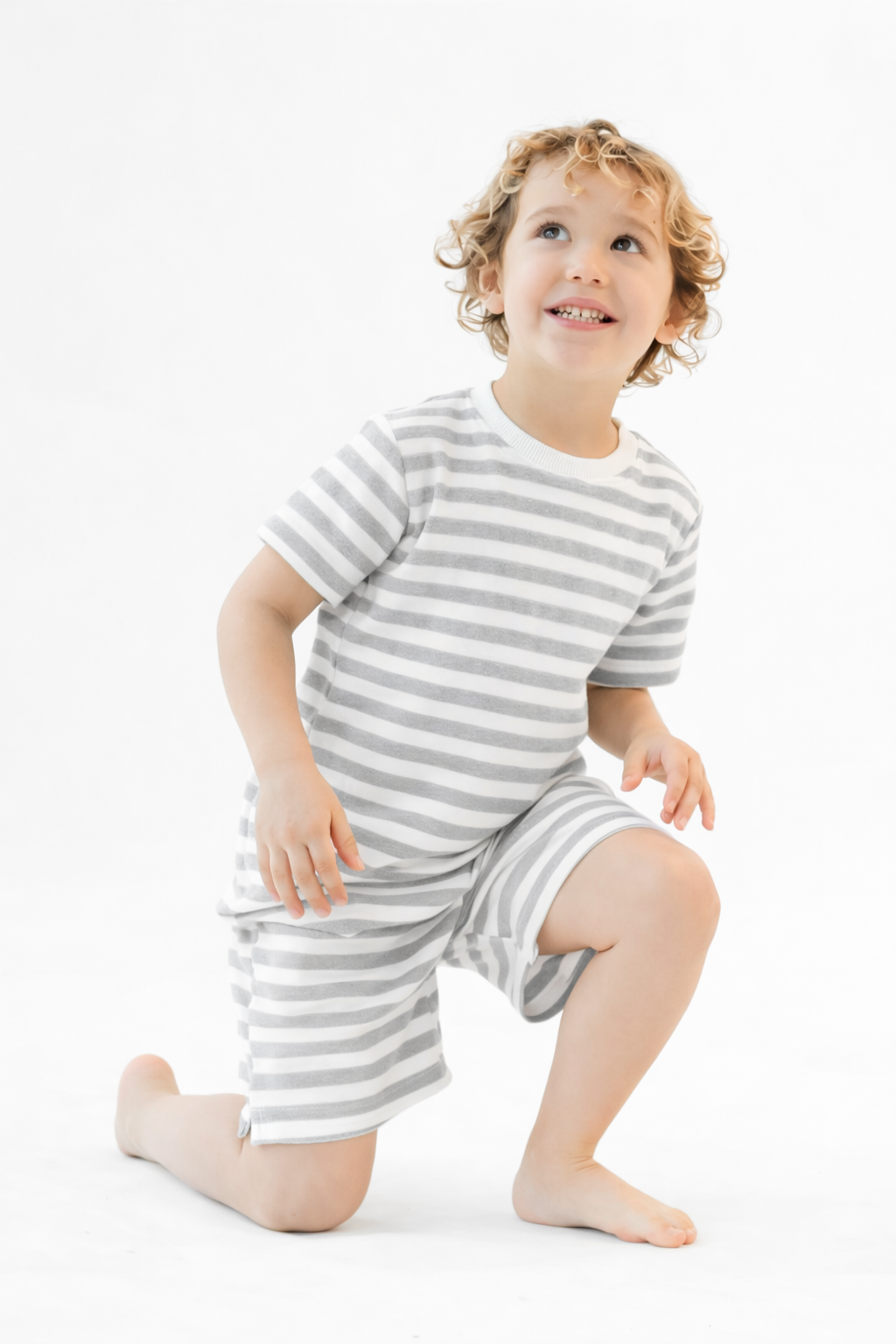 Archie Boys Terry Towelling Striped Shorts & T-Shirt Grey