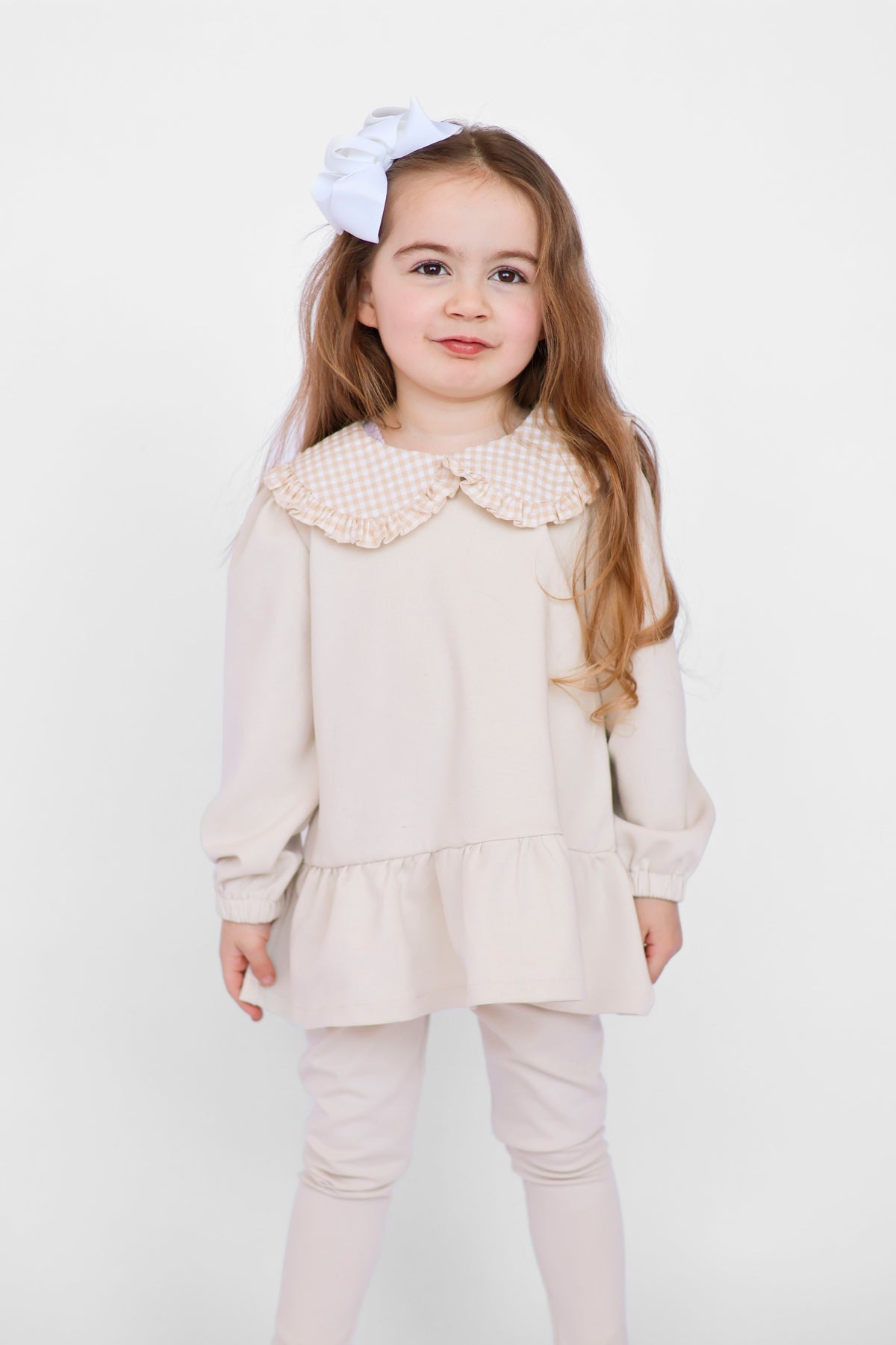 Posie Luxe Girls Check Collar Top & Legging Tracksuit Set Beige