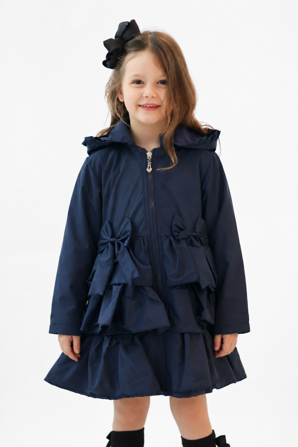 Martine Girls Frilly Bow Fleece Lined Rain Jacket Navy