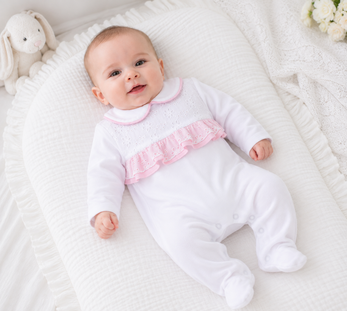 SG198 Baby Girls Broiderie Anglaise Babygrow Pink