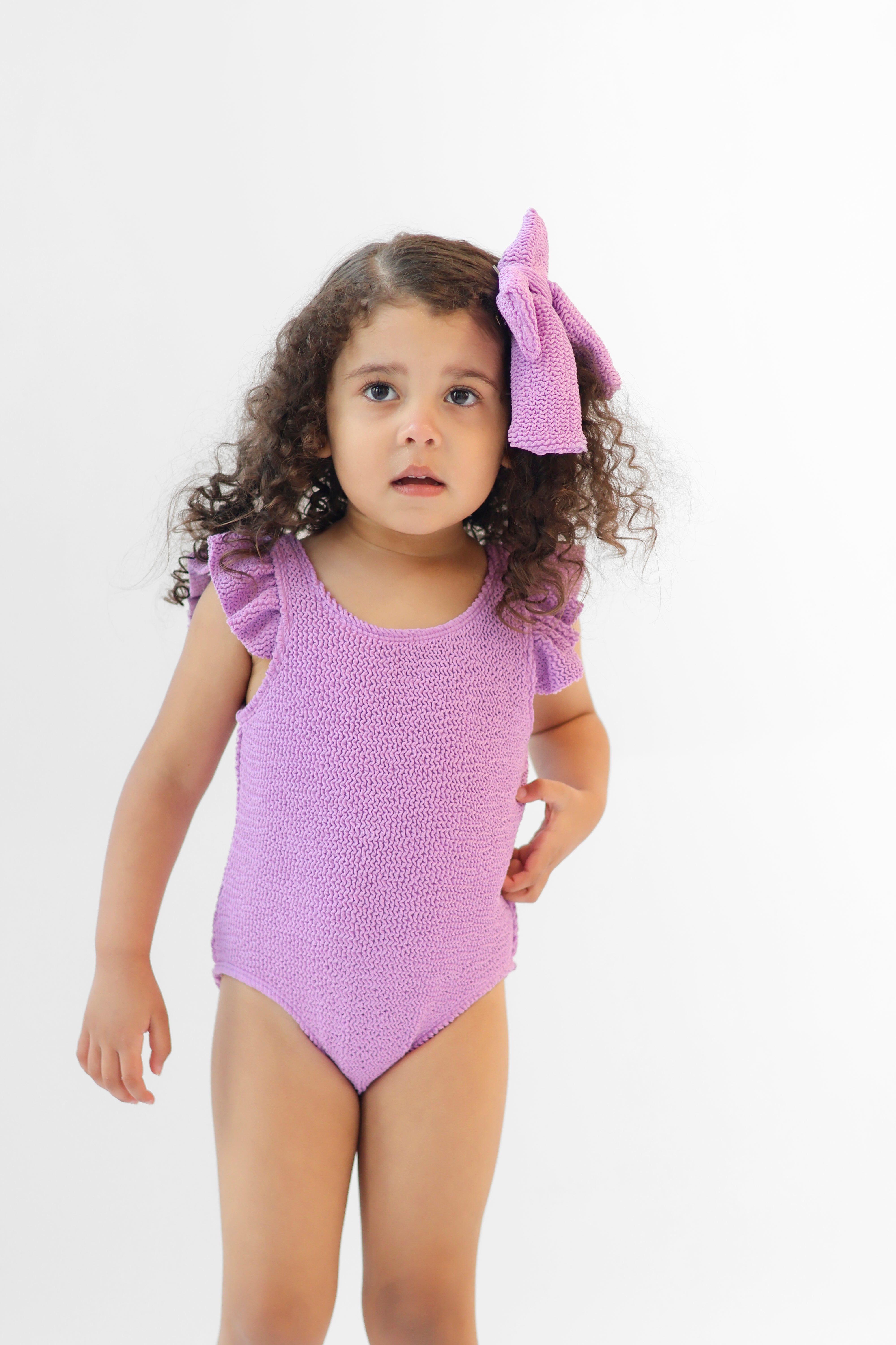 Lyla Girls Waffled Frilly Bow Swimming Costume Lilac