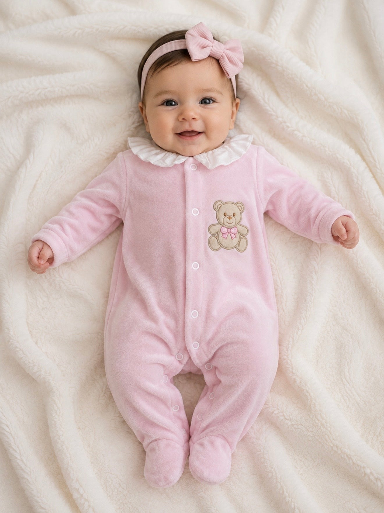 Baby Girls Velour Frilly Collar Bow Teddy Bear Pink Babygrow