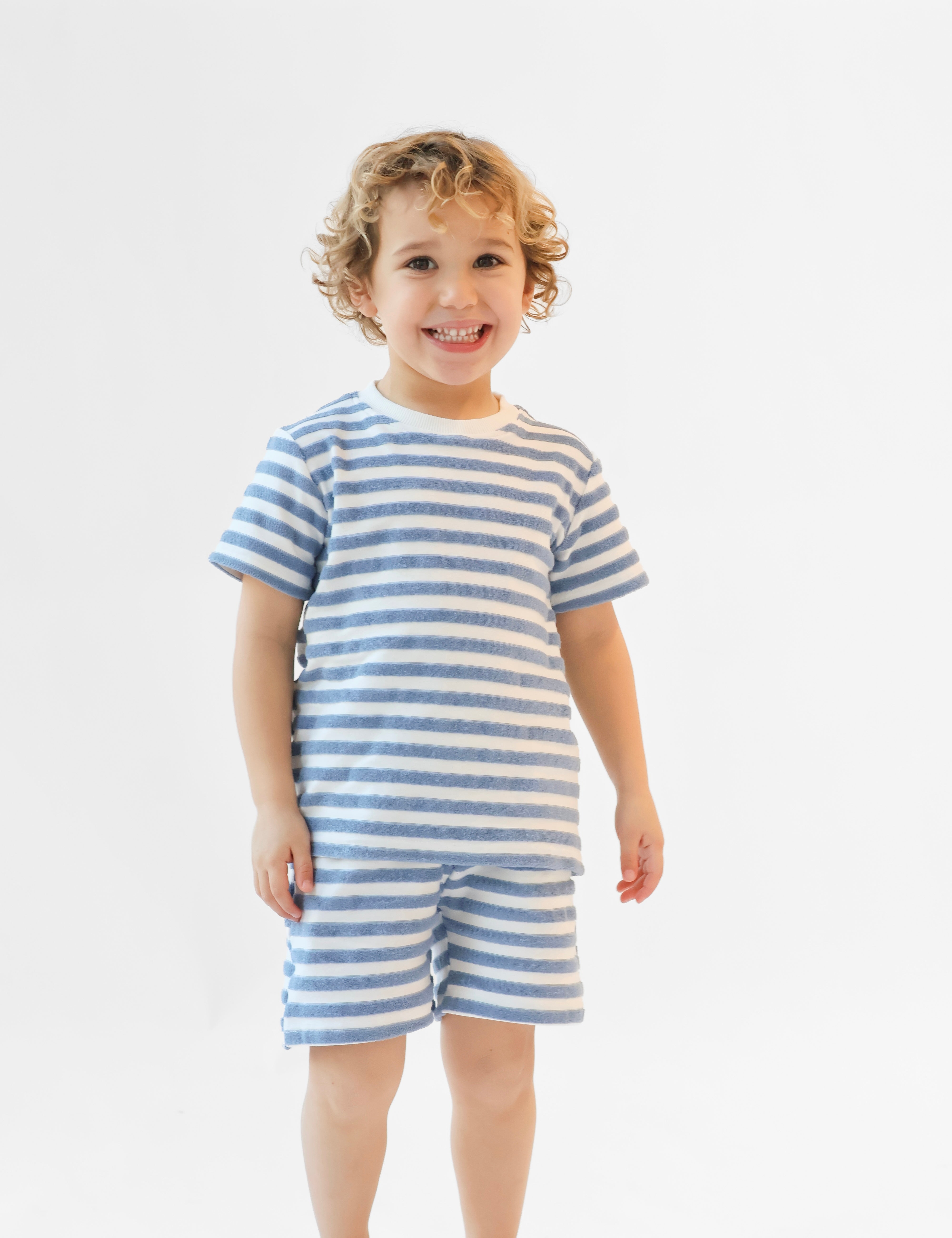 Archie Boys Terry Towelling Striped Shorts & T-Shirt Blue